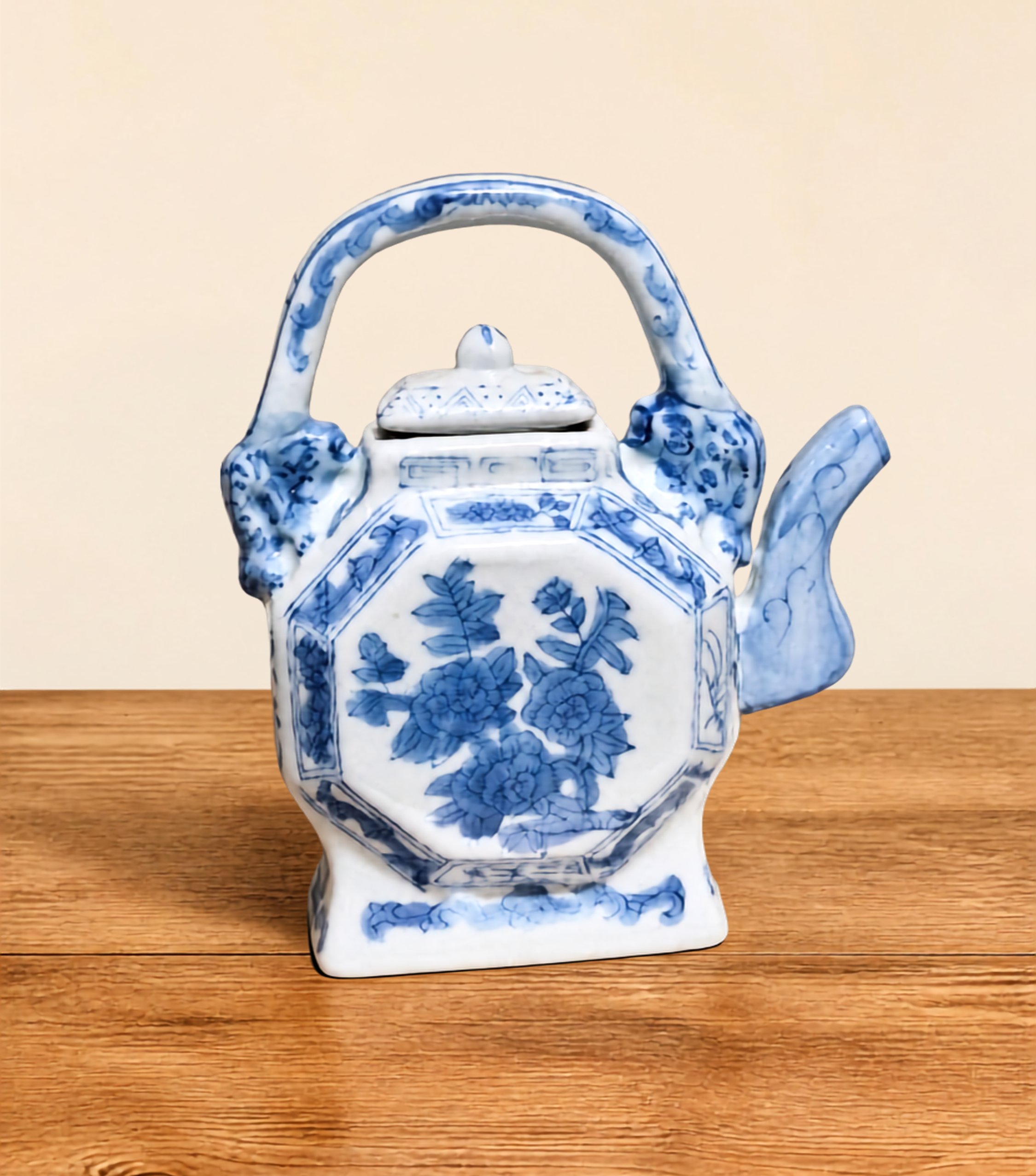Vintage Blue White Porcelain Teapot • Octagonal Floral Asian Style Tea Pot • Decorative Chinoiserie Decor