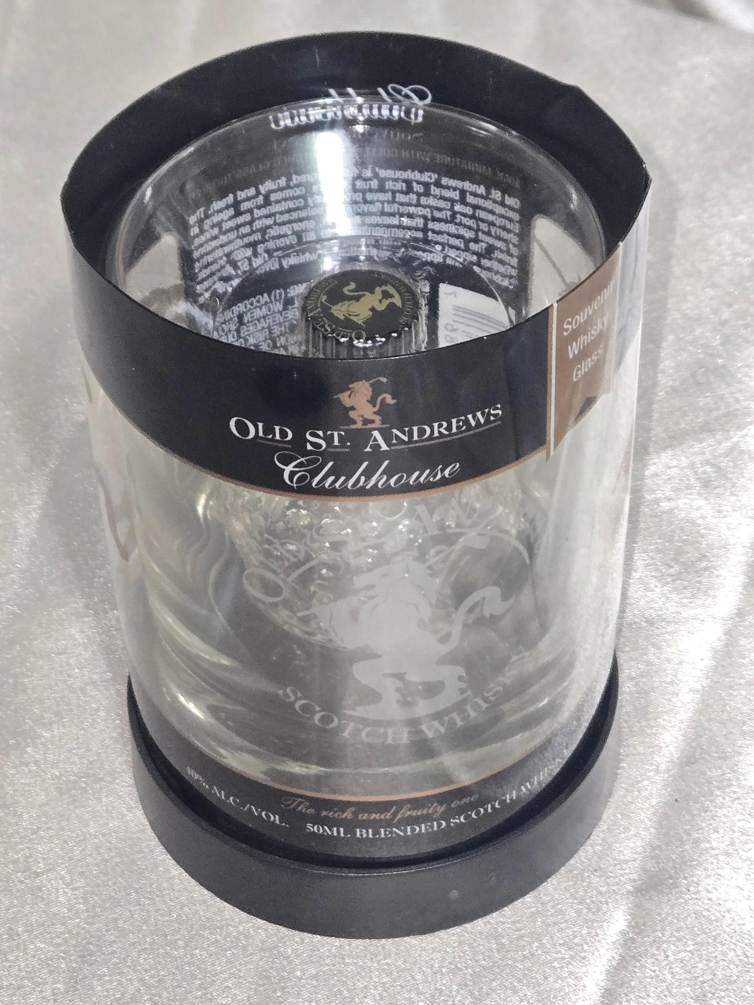 Old St. Andrews “Clubhouse” golf ball whisky bottle inside rocks glass out of packaging