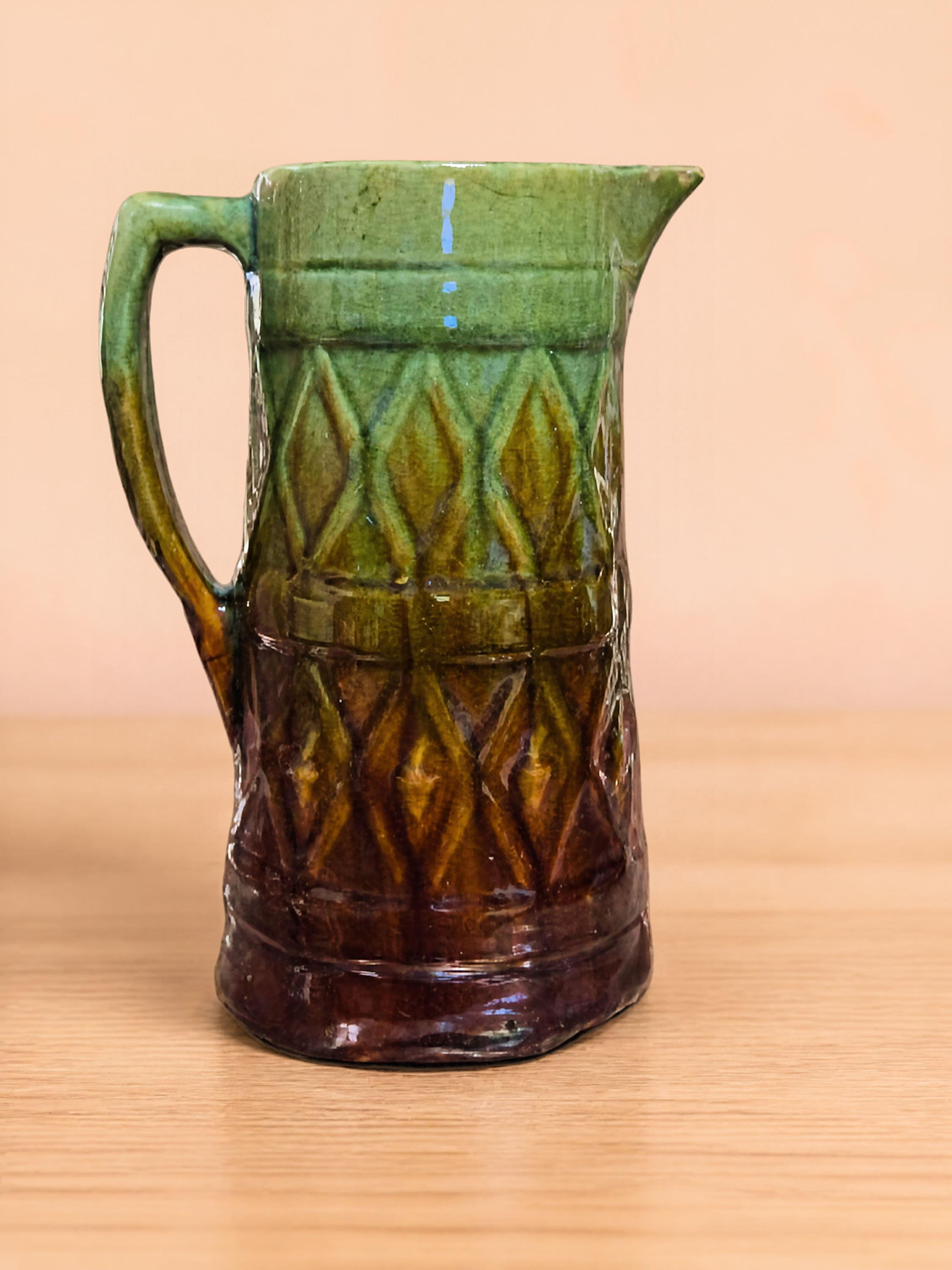Vintage Green Brown Drip Glaze Pottery Pitcher, Raised Diamond Pattern Ceramic Vase, Rustic Kitchen Decor