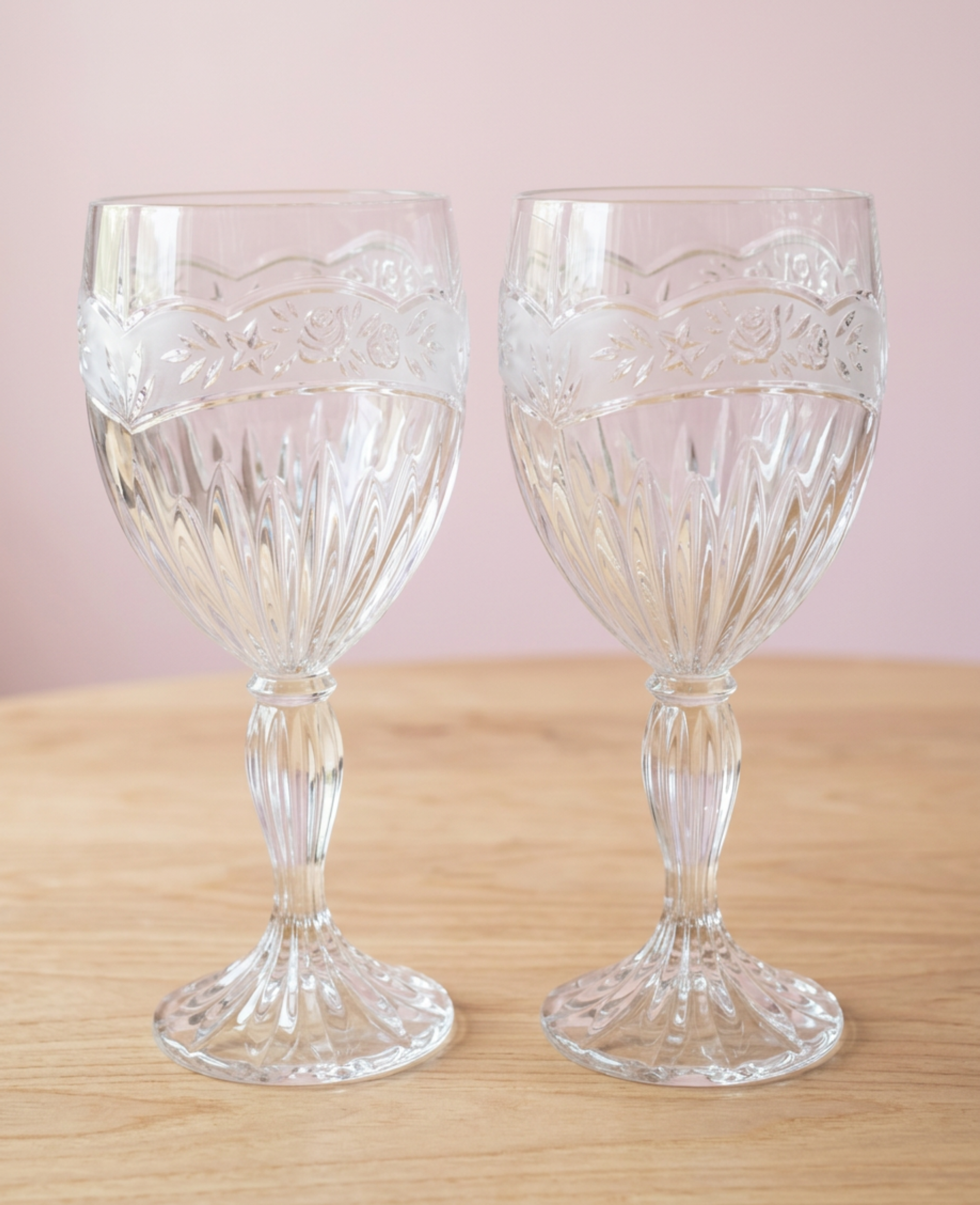 Vintage Oneida Southern Garden Crystal Water Goblets • Set of 2 Frosted Floral Stemware