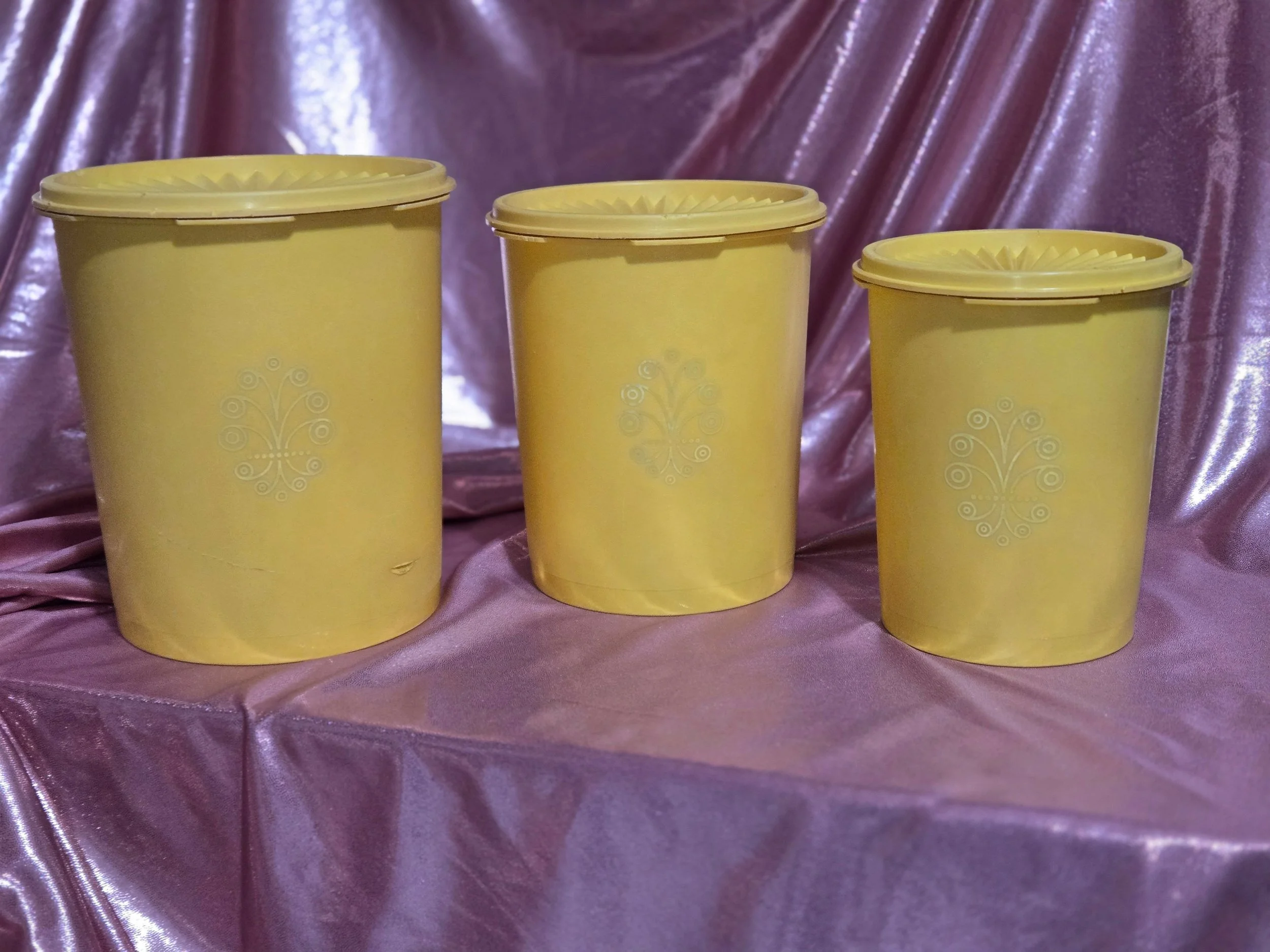 Vintage Tupperware Servalier Canister Set • 1970s Yellow Storage Containers • Starburst Lid Retro Kitchen Storage