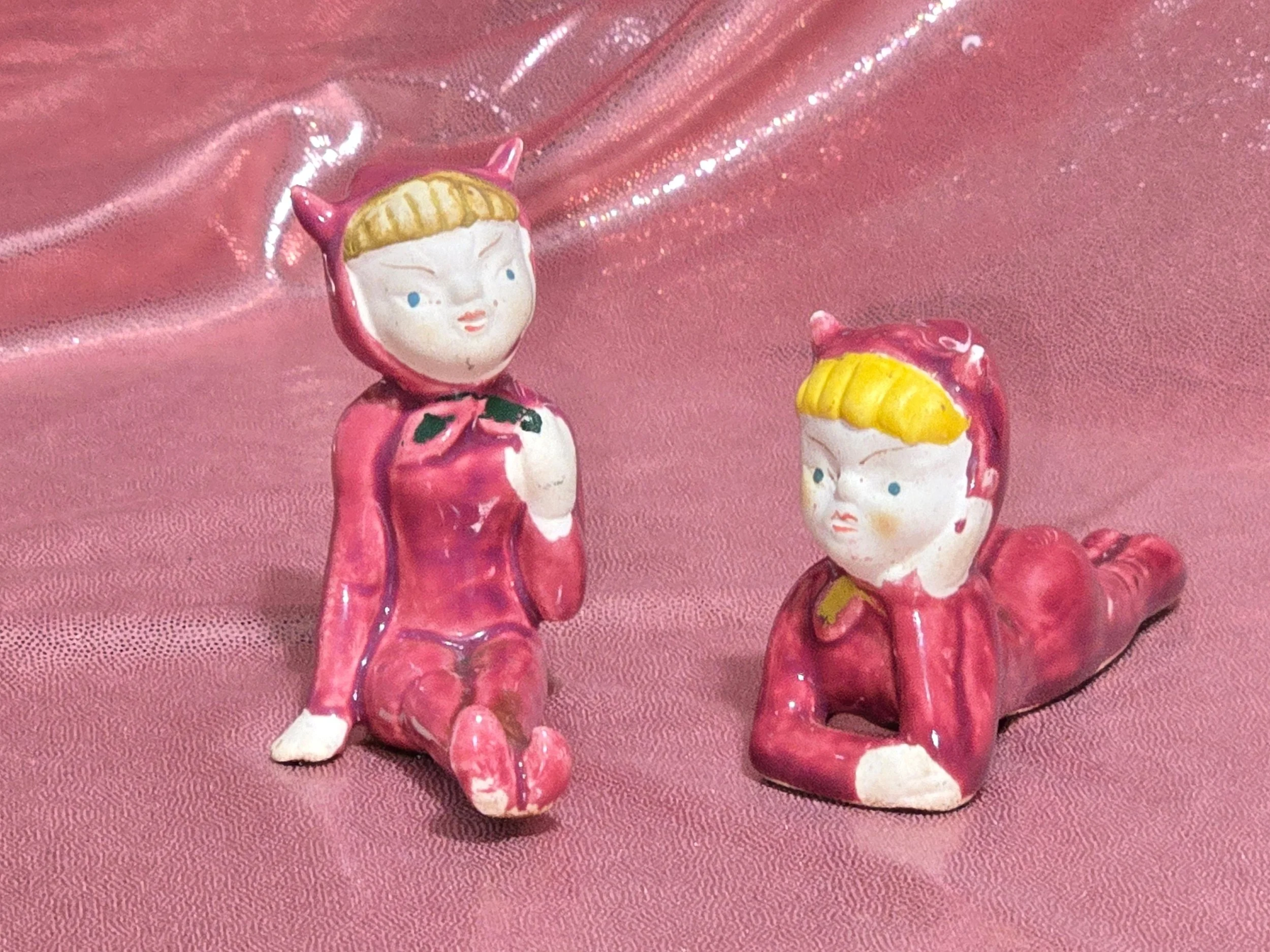 Vintage Japanese Red Devil Pixie Elf Figurines Set of 2 1950s Ceramic