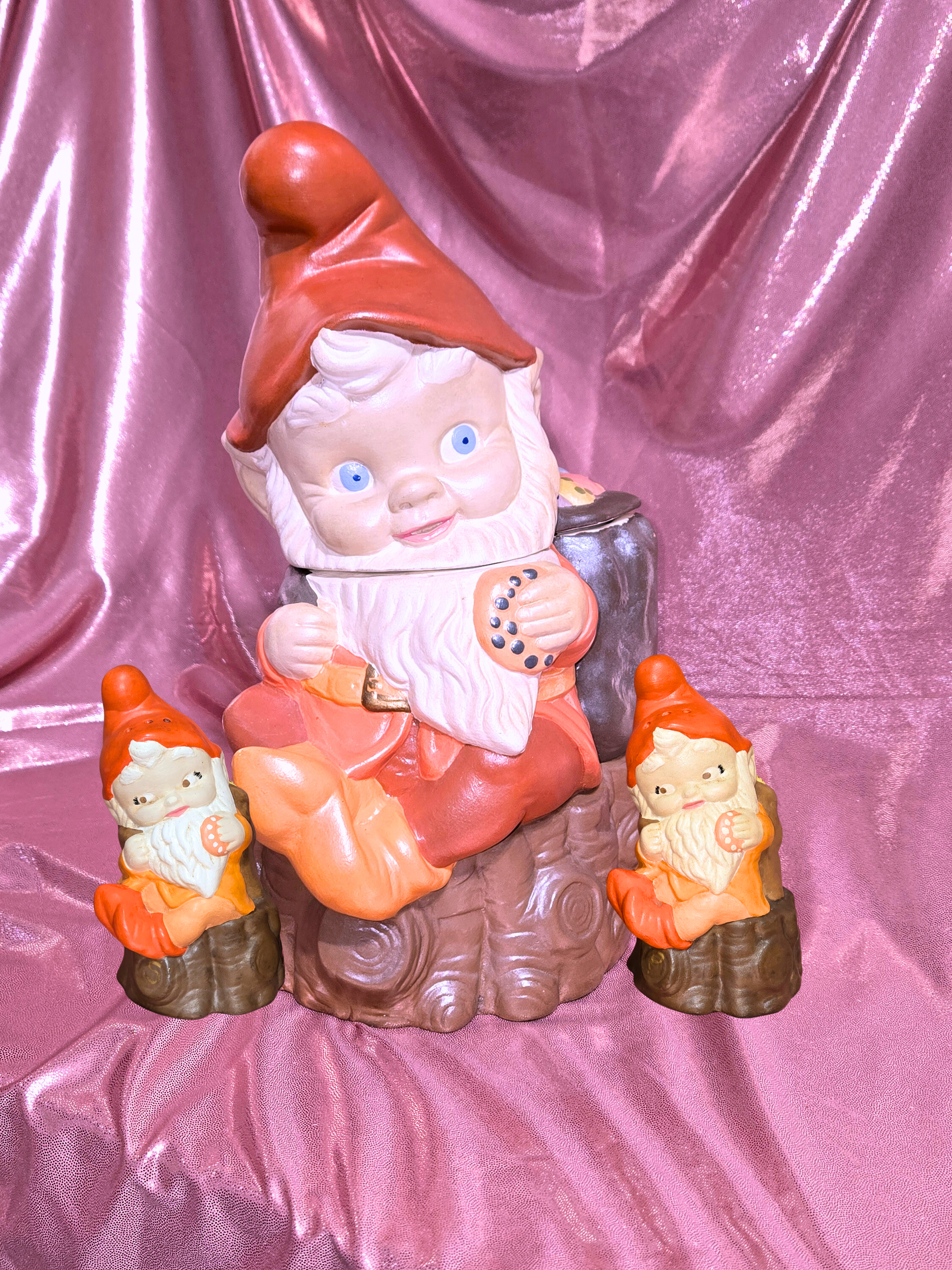 Vintage Ceramic Gnome Cookie Jar with Matching Salt and Pepper Shakers Set