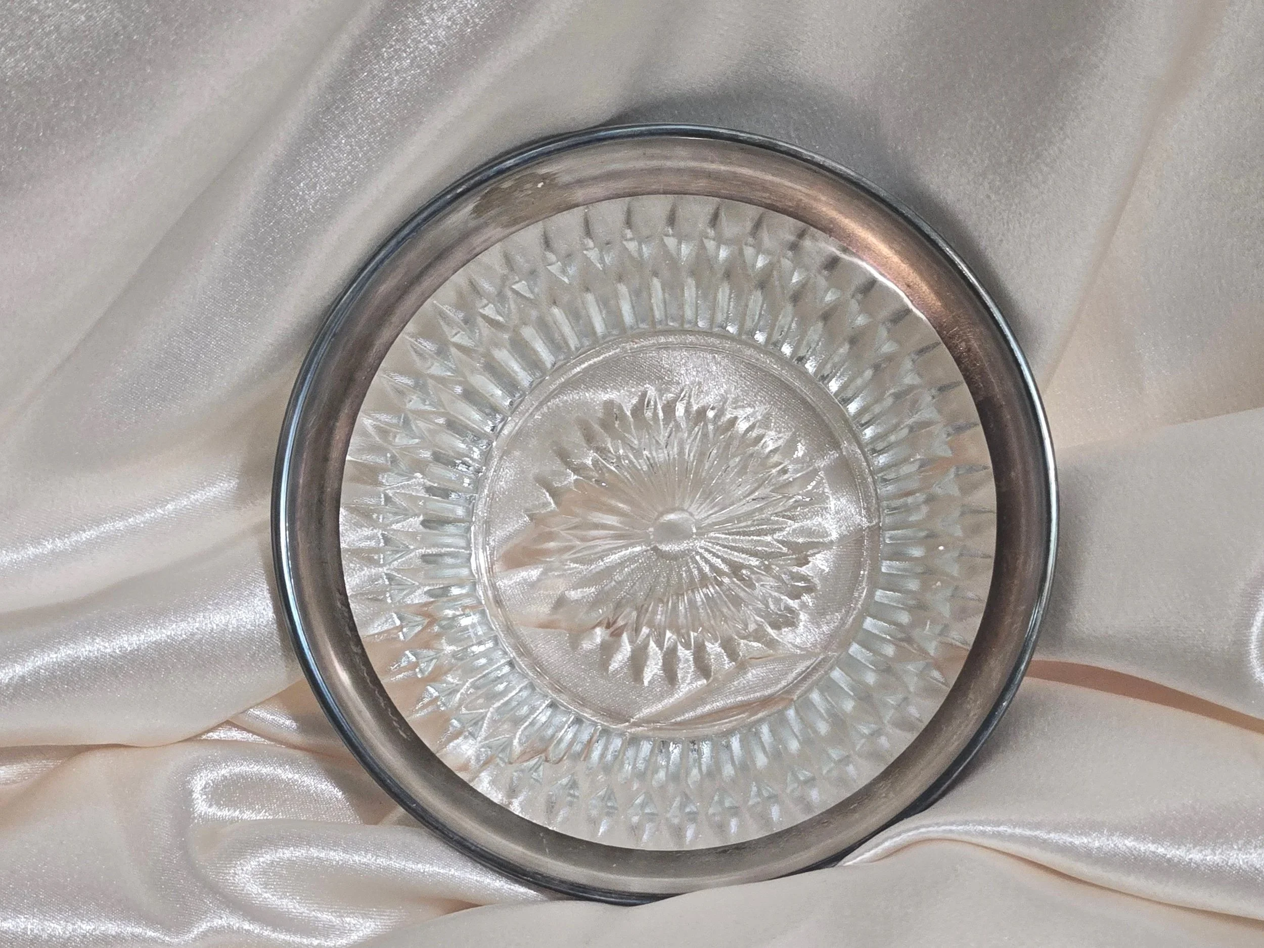 Vintage Pressed Glass Dish with Silver Rim — Mid-Century Serveware Bowl