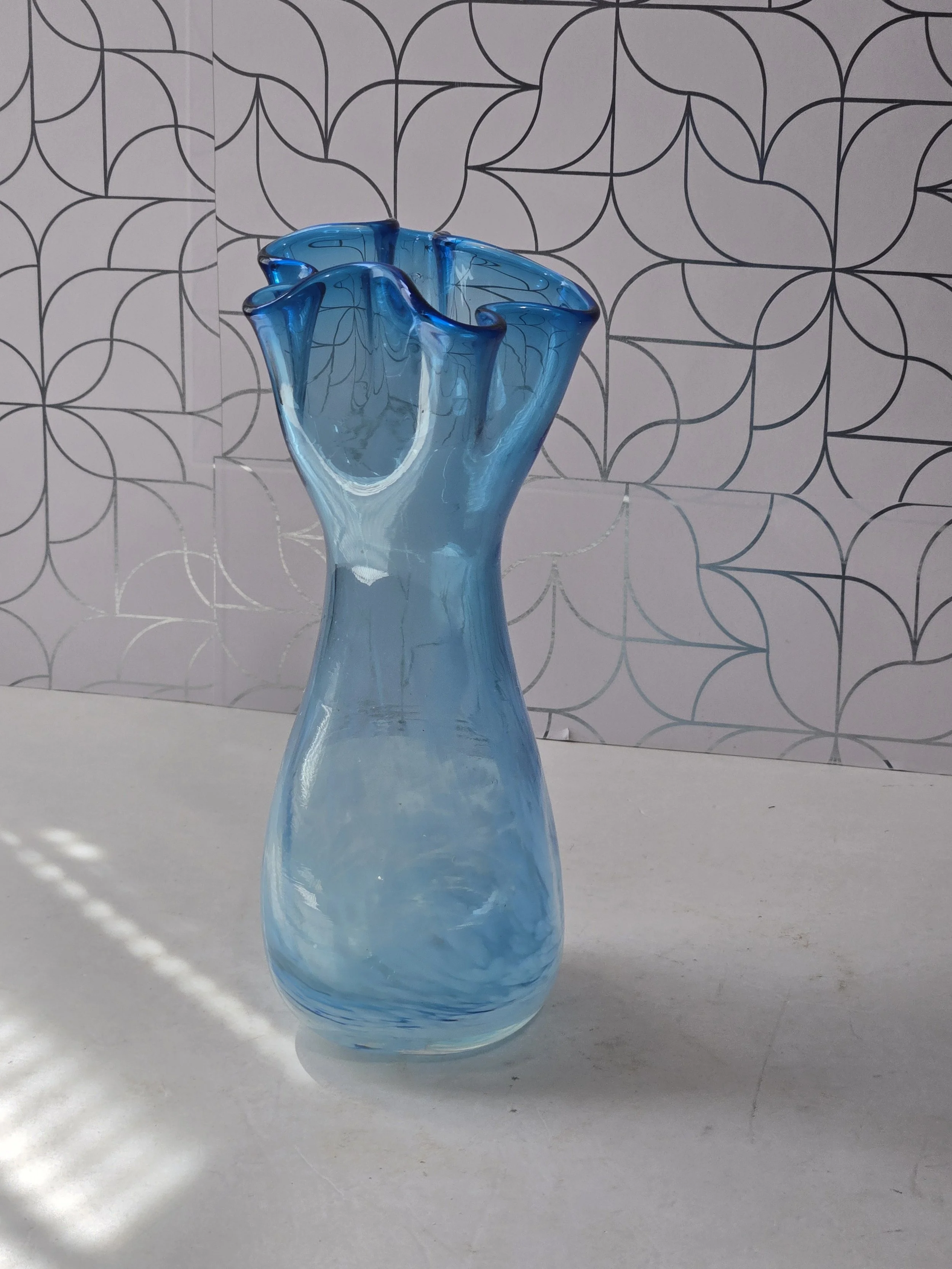 Vintage Blue Art Glass Vase • Ruffled Rim, White Spatter, UV Reactive (MCM Decor)