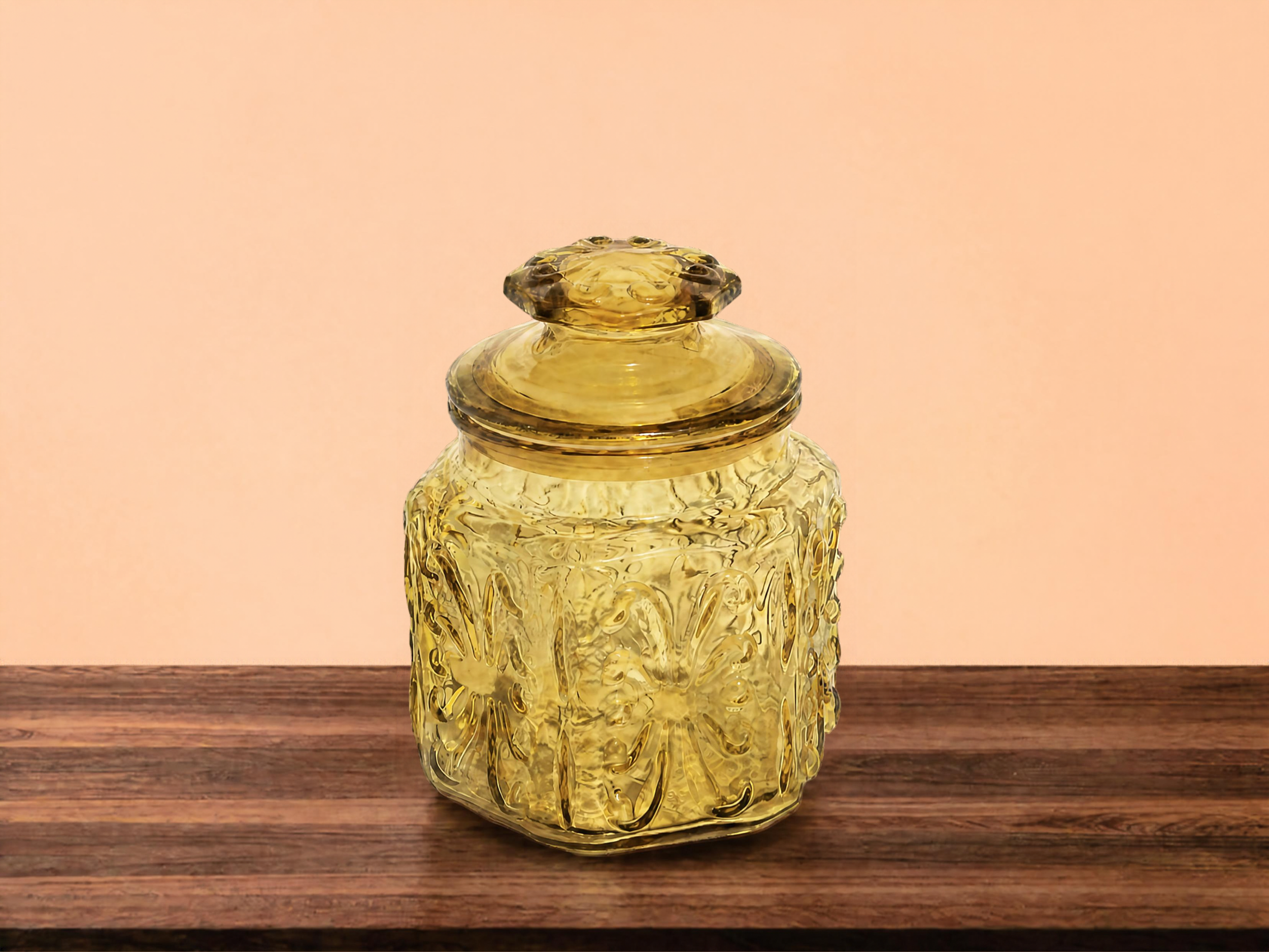 Vintage Amber Glass Canister with Lid, Pressed Floral Cookie Jar, Apothecary Style Kitchen Storage Jar
