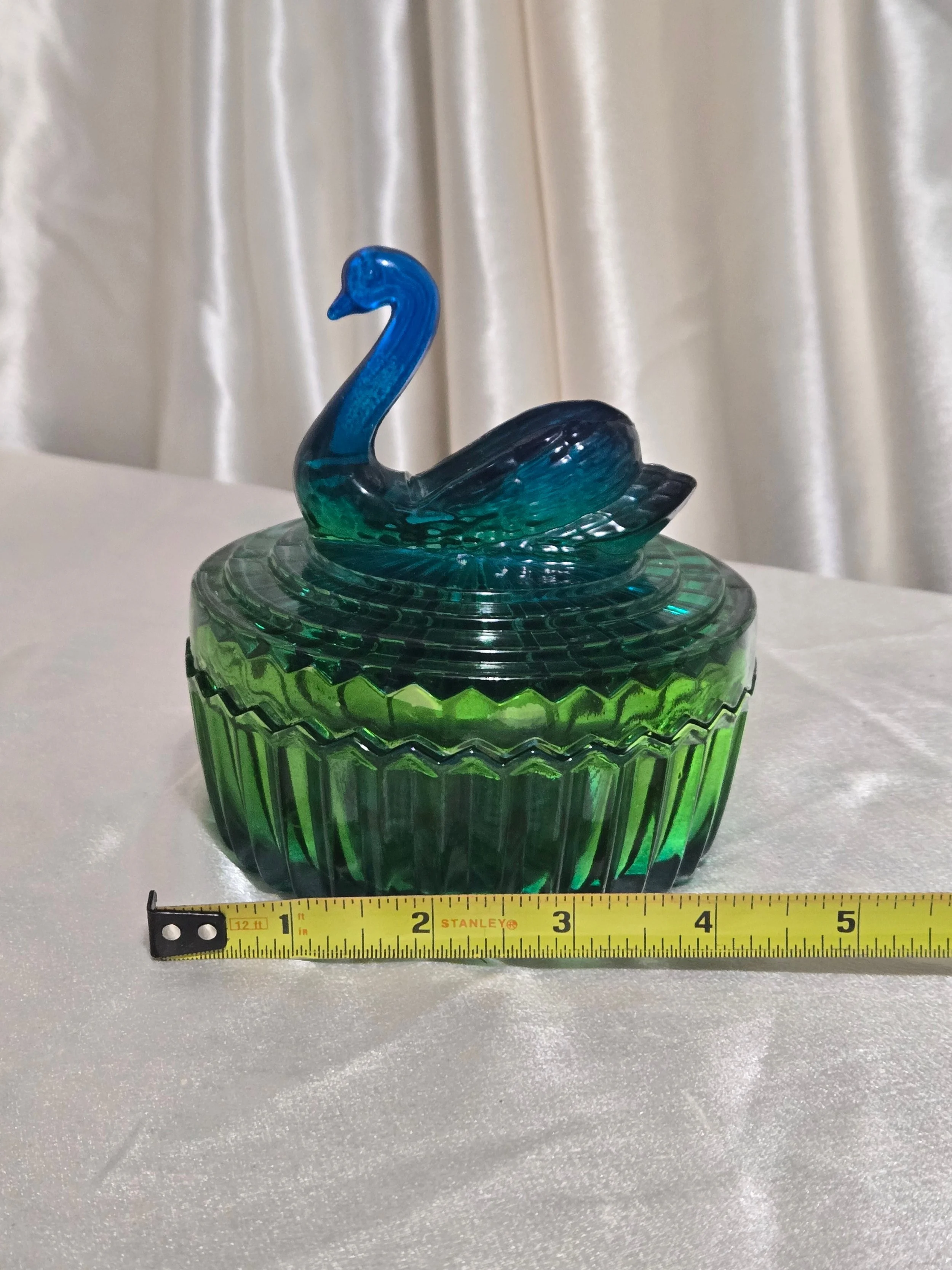 Vintage Green Glass Swan Candy Dish with Lid