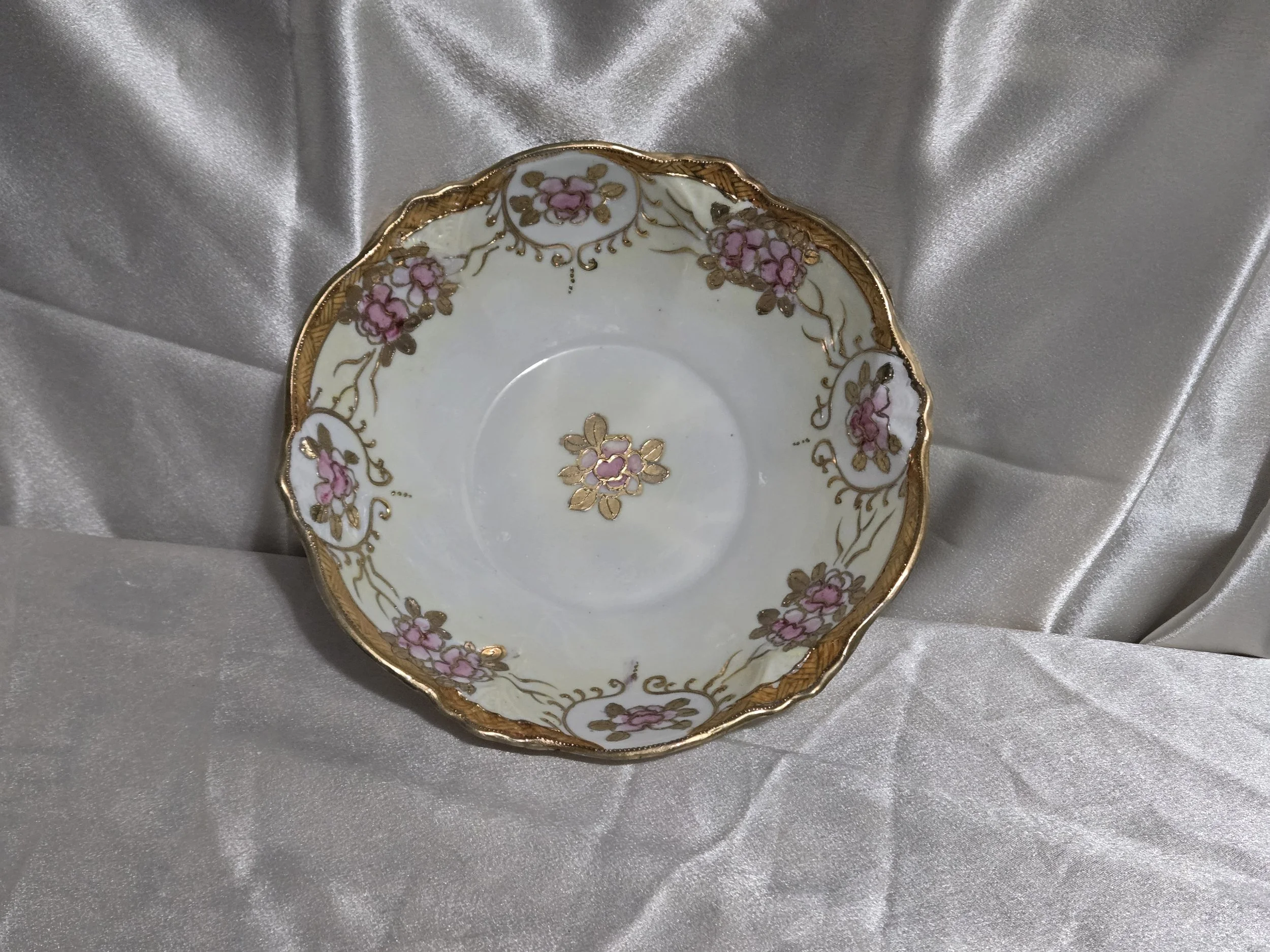Antique Nippon Hand Painted Porcelain Bowl, Bibi Nippon Floral Gilt Vanity Dish, Translucent Eggshell China