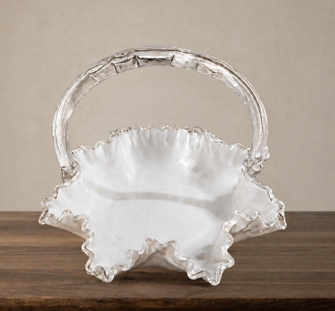 Vintage Fenton Silver Crest Milk Glass Basket Ruffled Edge Clear Handle