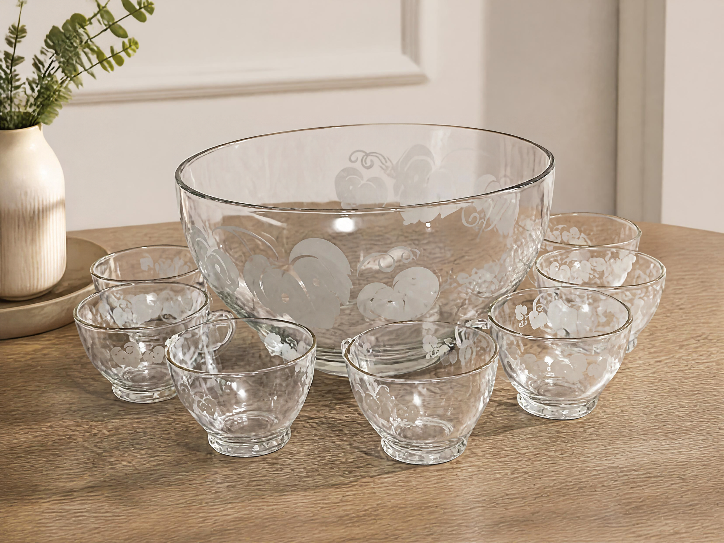 Vintage Etched Glass Punch Bowl Set with 8 Cups, Grapevine Gold Rim Party Serveware, Wedding Shower Hostess Set