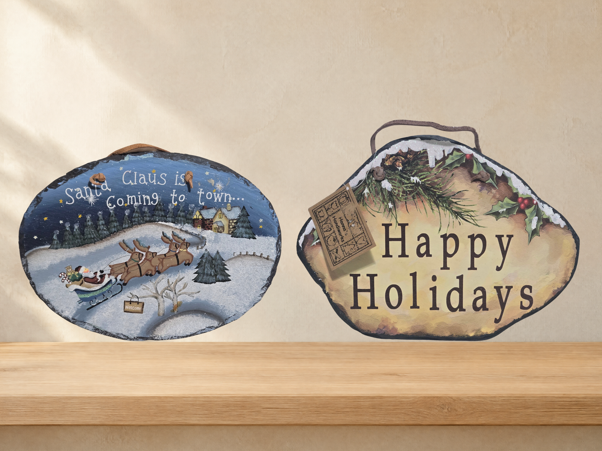 Hanna's Handiworks Christmas Slate Signs Set of 2 | Santa Claus Happy Holidays Rustic Wall Decor