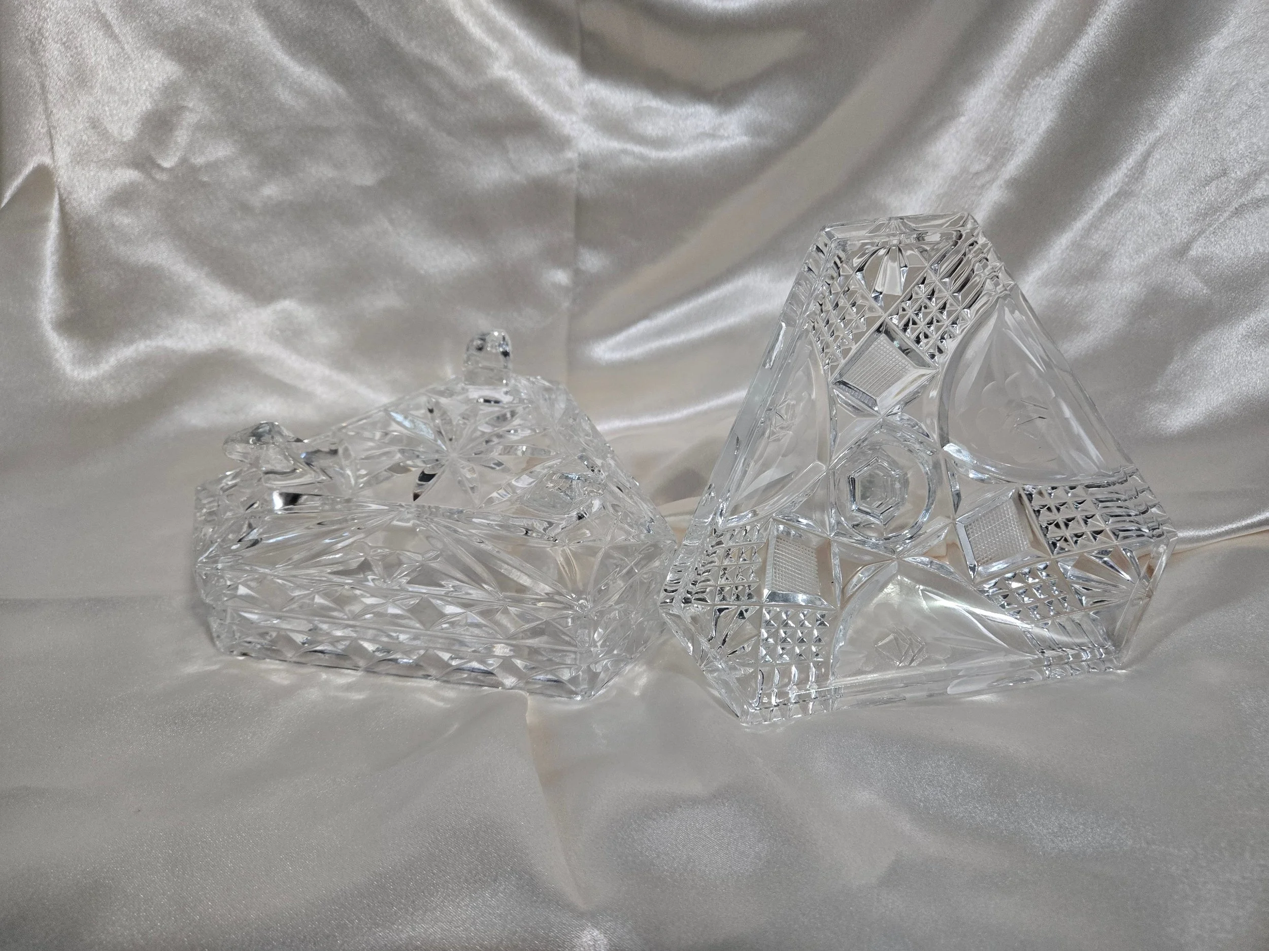 Open view of vintage cut glass candy dish