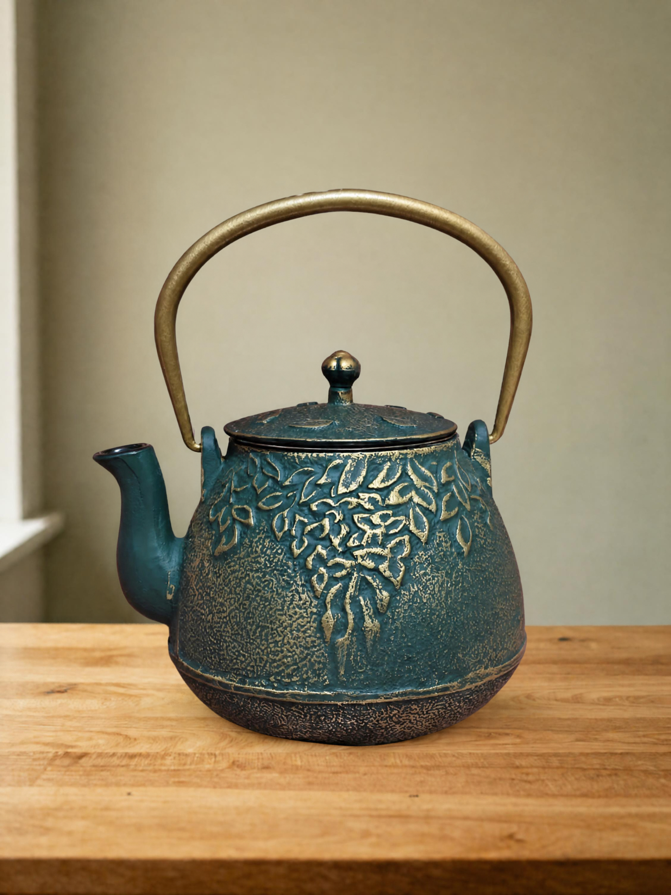 Cast Iron Teapot with Infuser, Green Gold Leaf Japanese Style Tetsubin Tea Pot