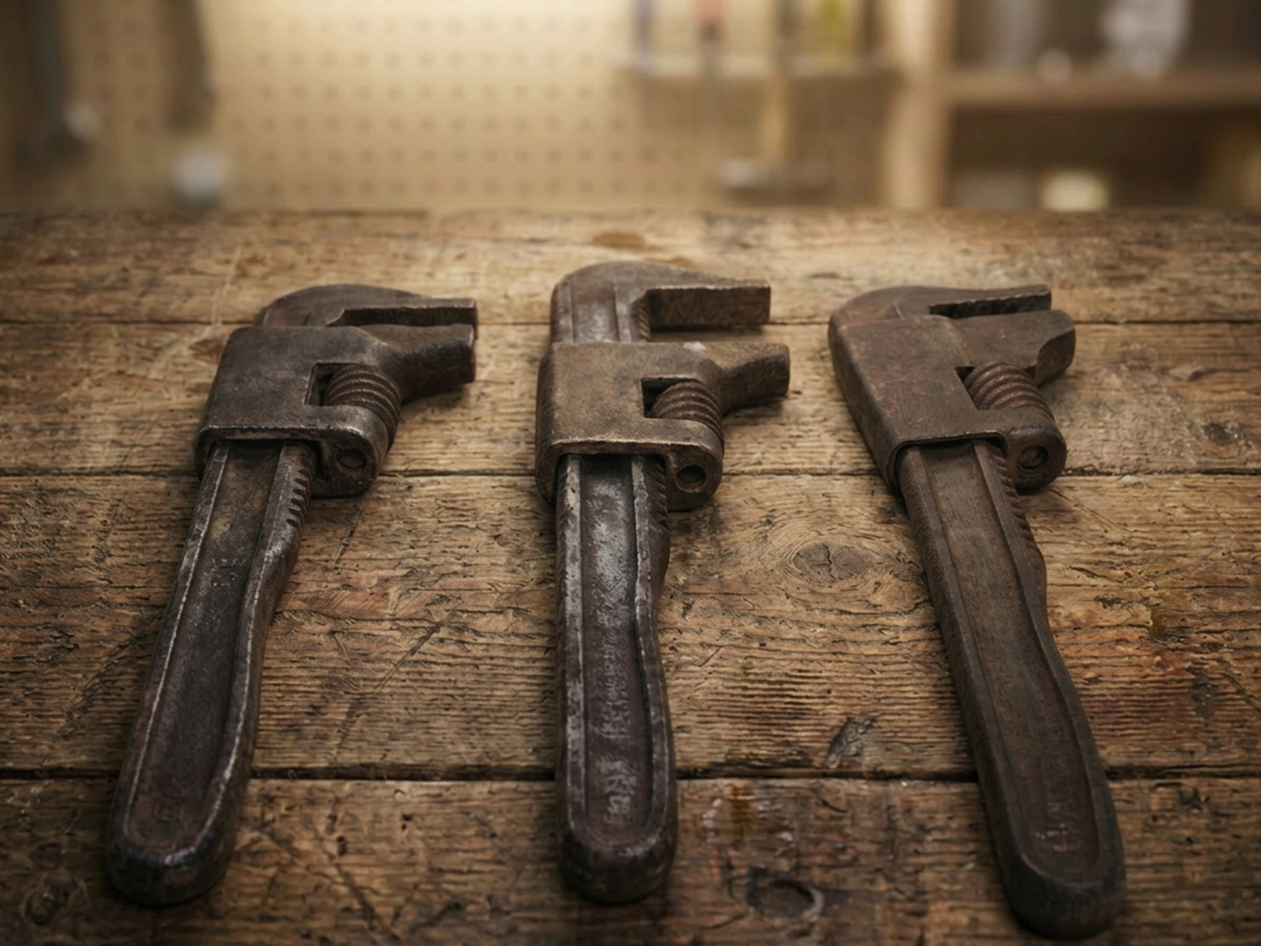 Vintage USA Pipe Wrench Set of 3 Rustic Industrial Tool Lot Garage Decor