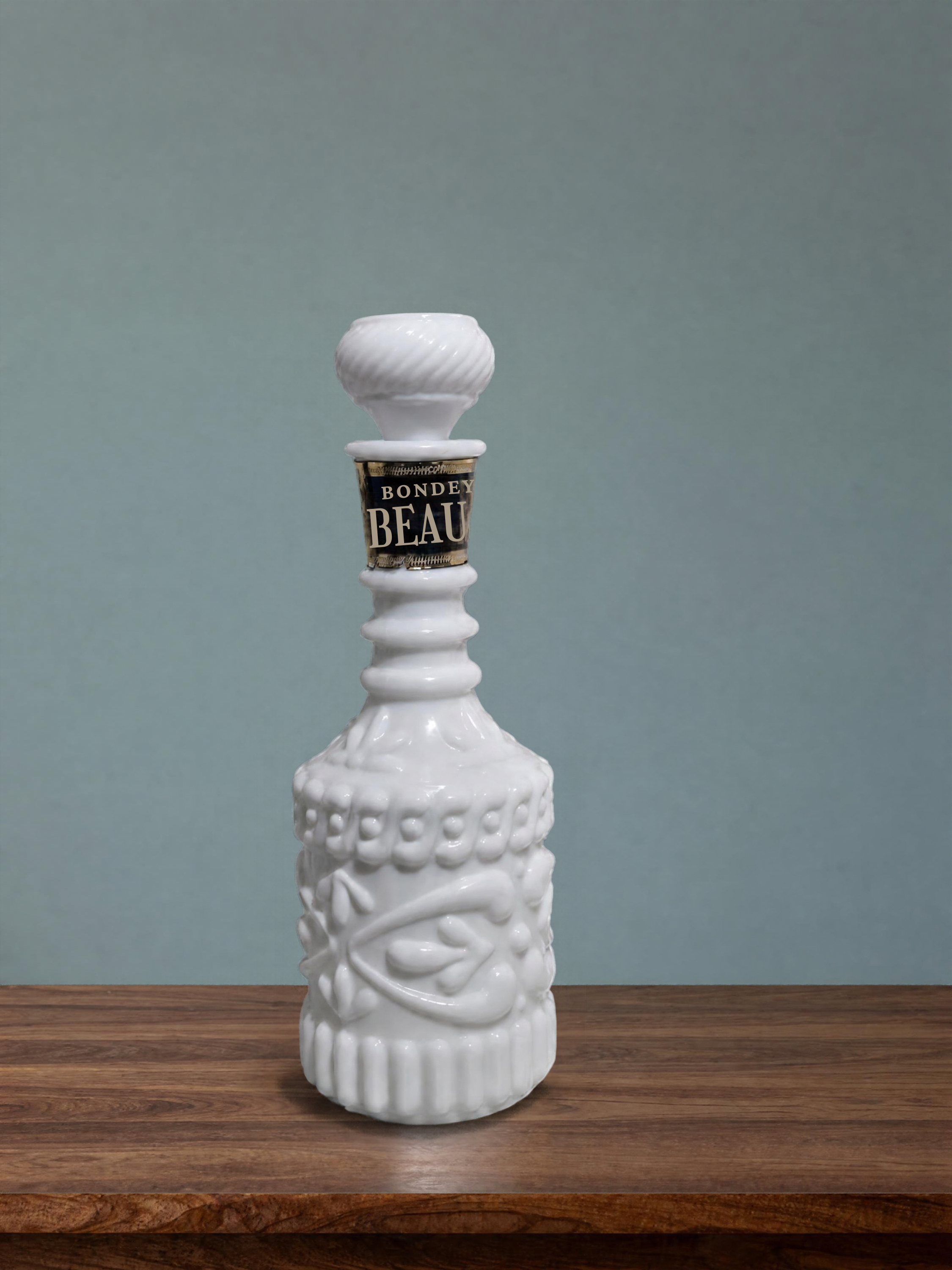 Vintage 1969 Jim Beam Bonded Beam Milk Glass Decanter, White Whiskey Bottle with Stopper, Retro Barware