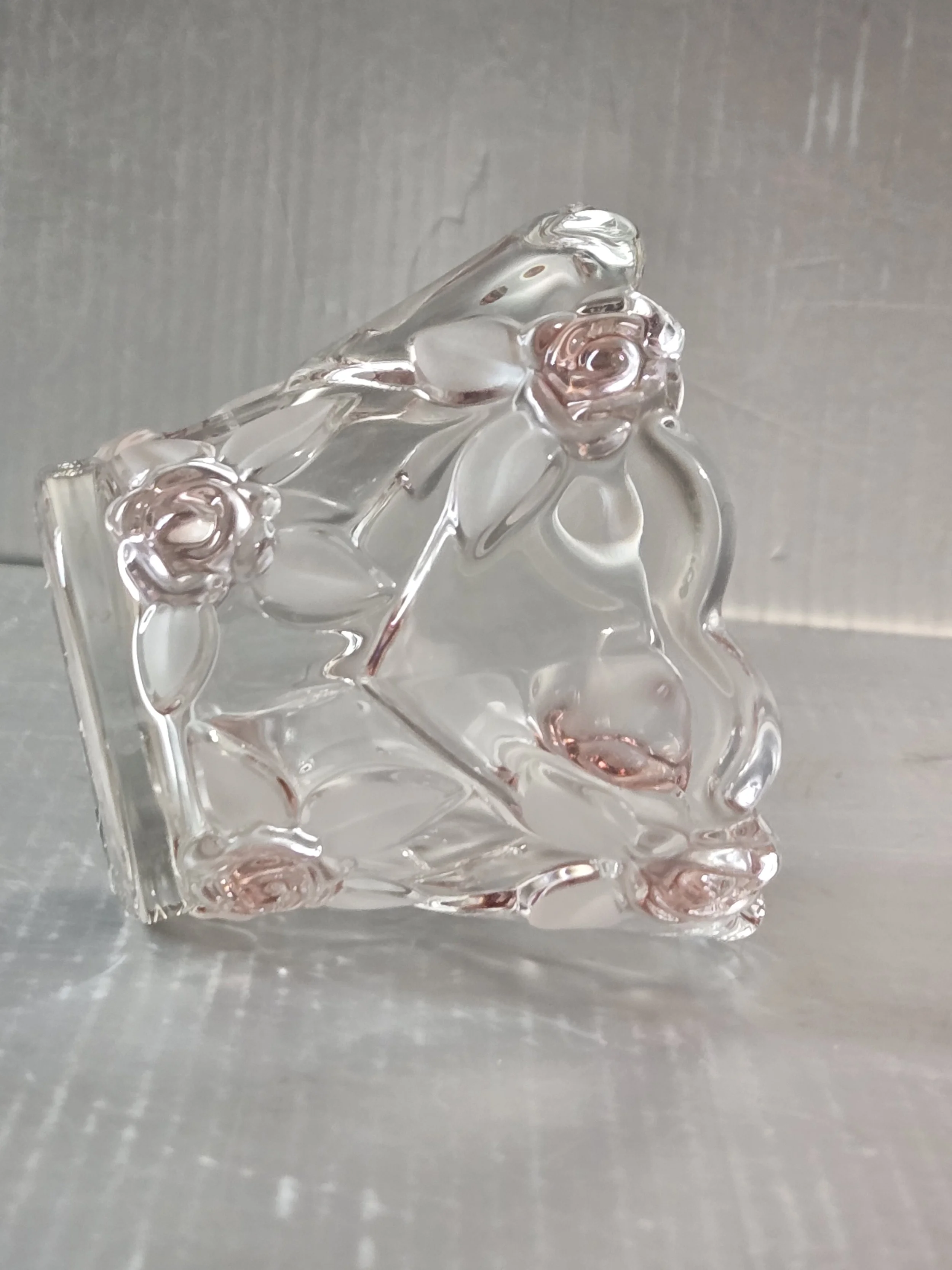 Side view showing frosted petal accents in pink glass