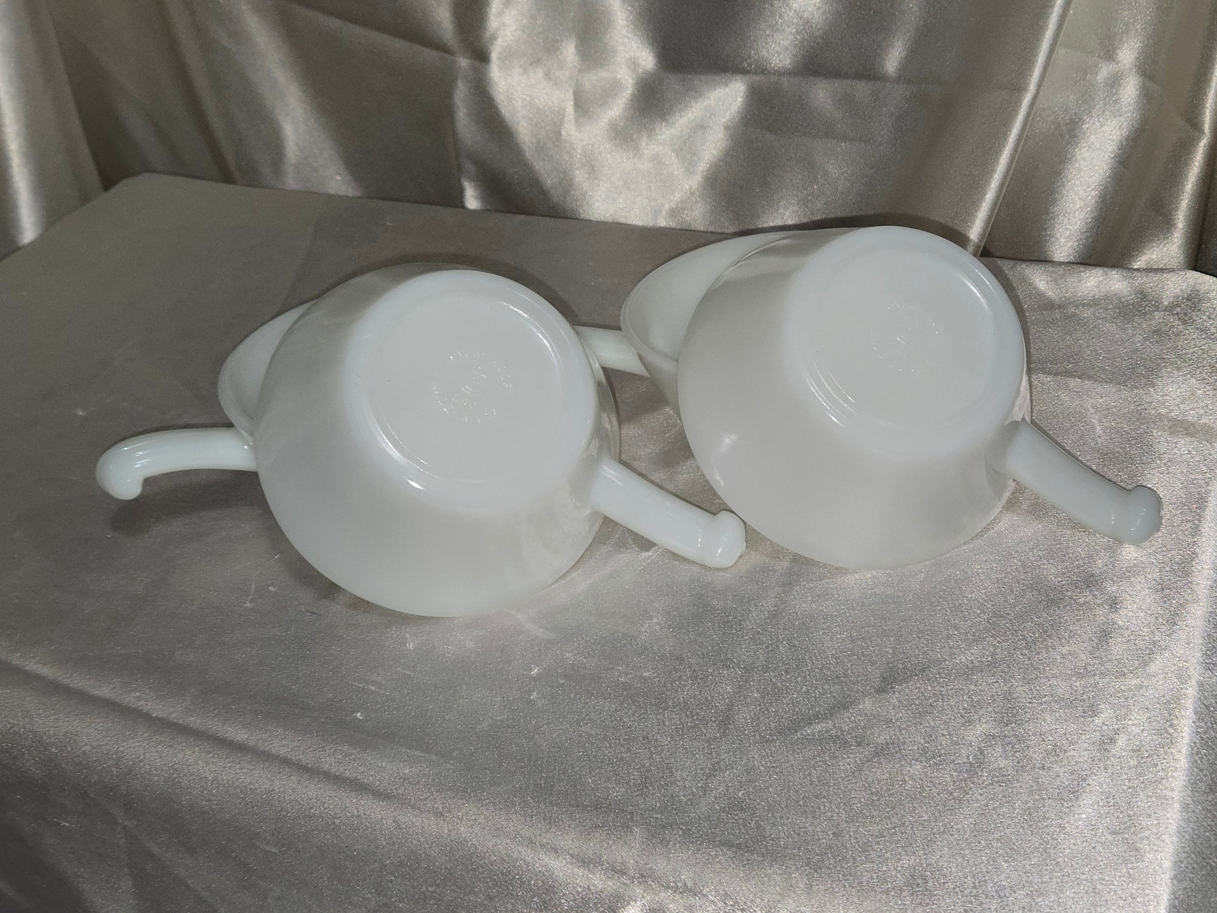 Vintage Fire-King handled soup bowls stacked together, white milk glass mid century serveware