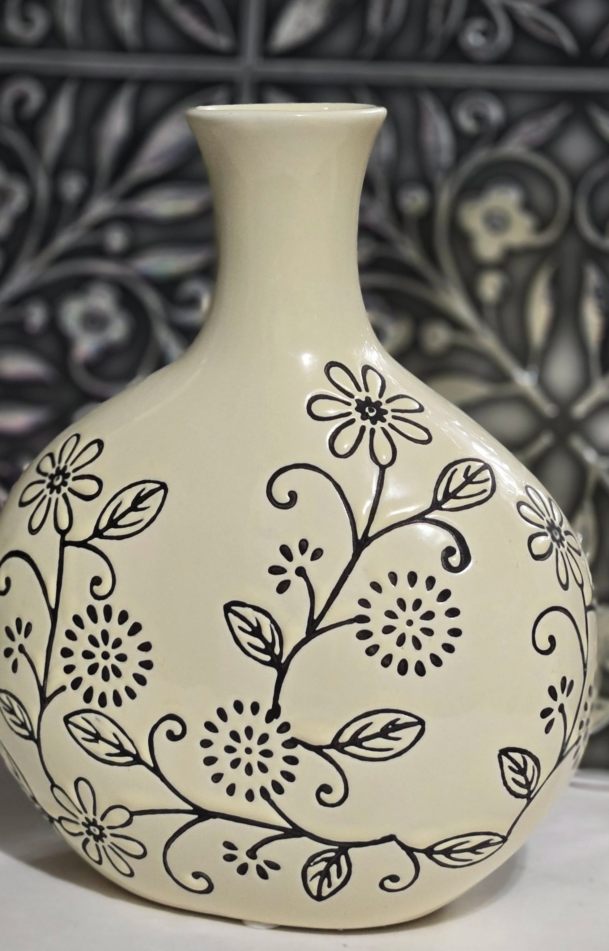 Cream Ceramic Floral Vase Black Botanical Cottagecore Farmhouse Decor