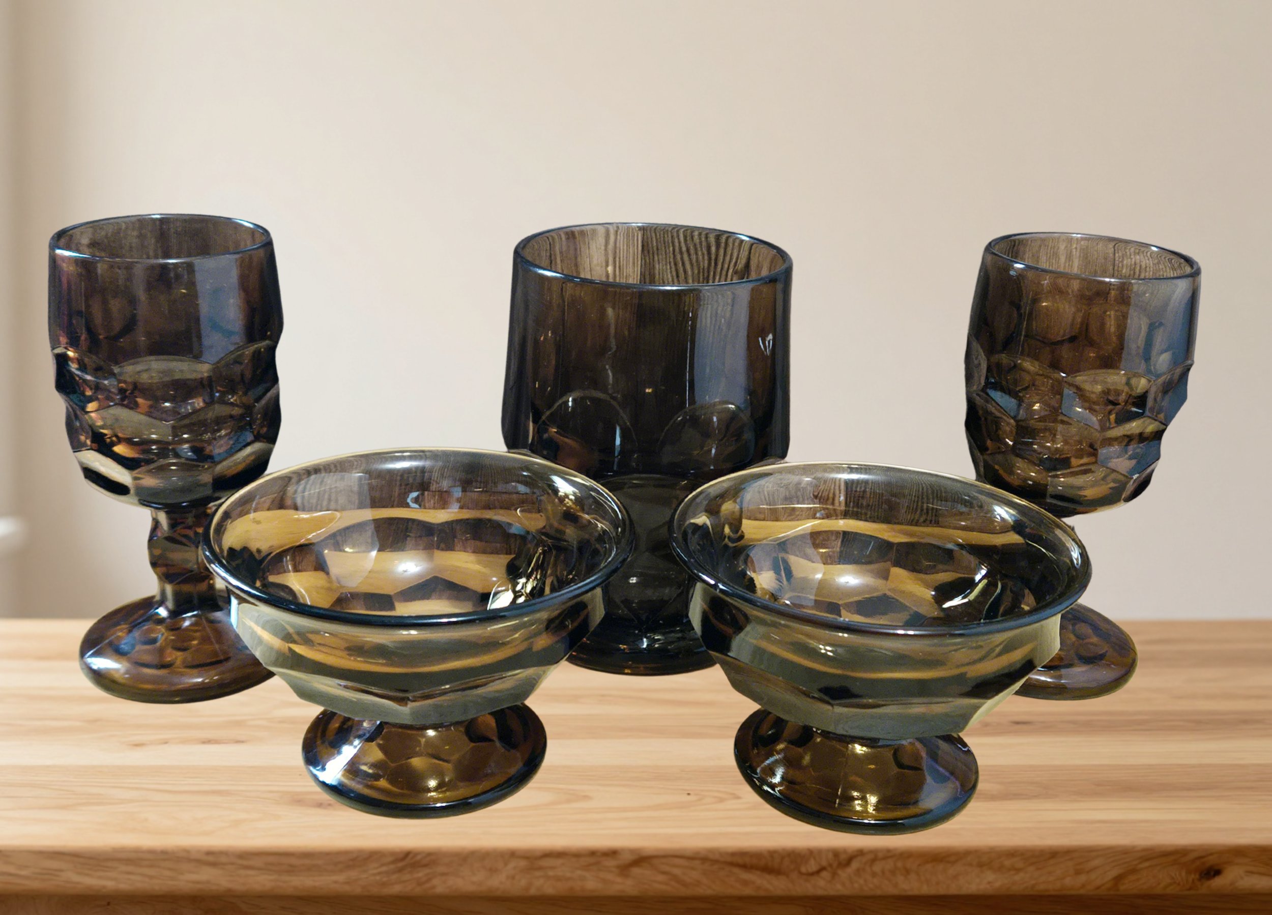 Viking Glass Georgian Nutmeg Brown Set • Honeycomb Goblets Sherbets & Tumbler • Vintage 1970s Glassware