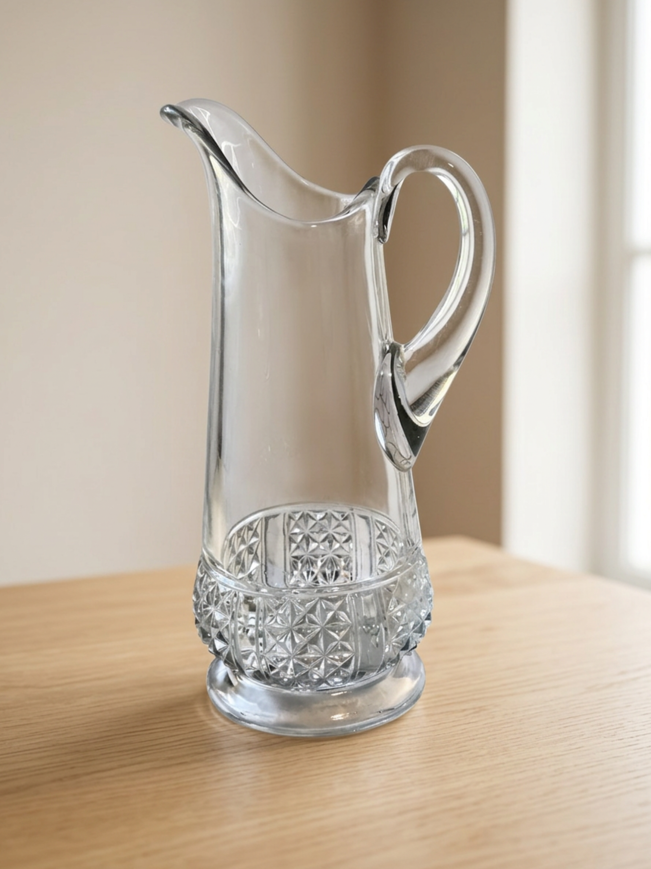 Vintage Clear Pressed Glass Pitcher • Starburst Diamond Base Water Jug • Flower Vase