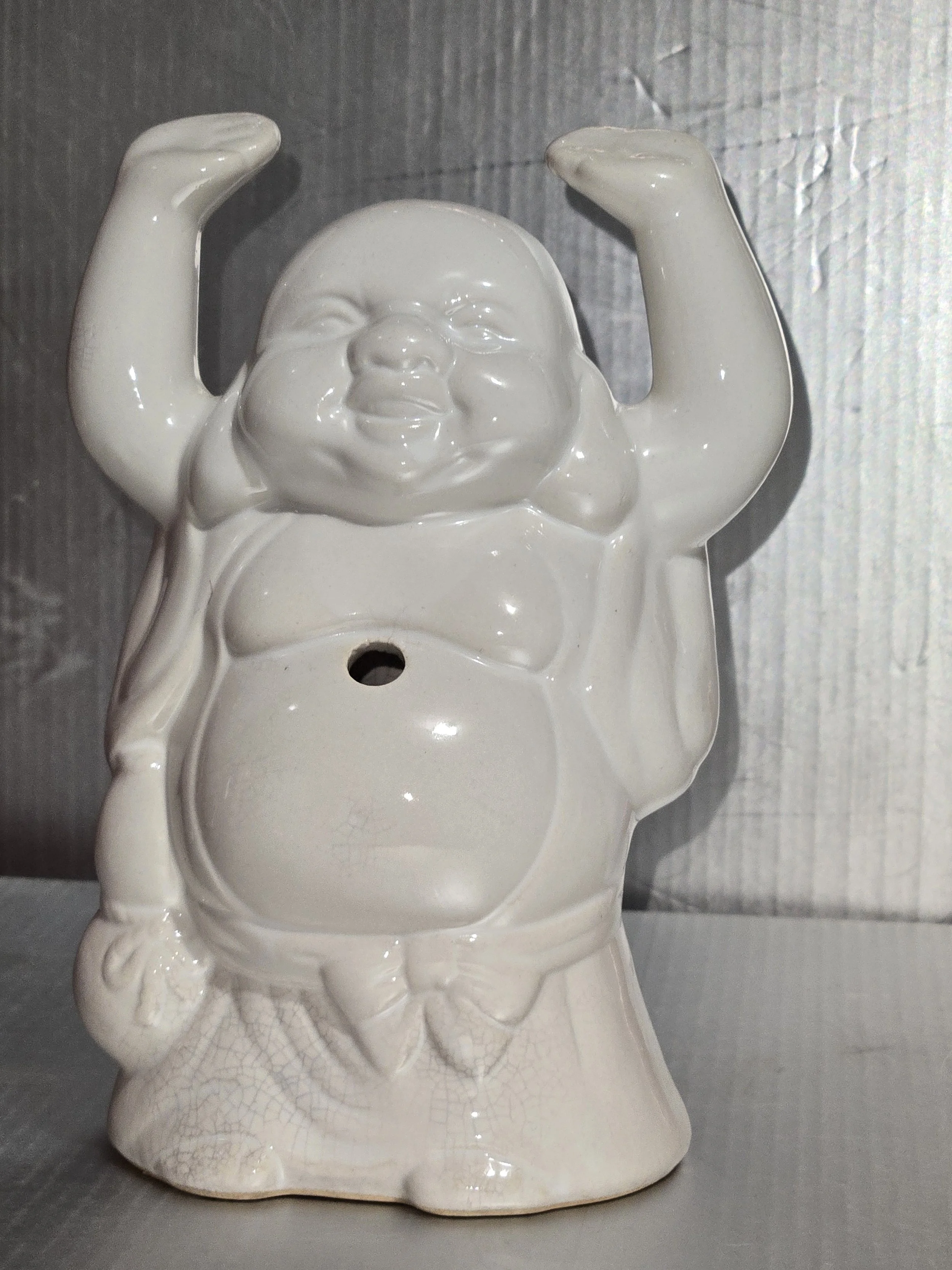 Vintage Happy Buddha Figurine Ceramic Hotei Statue Crackle Glaze 7 Inch