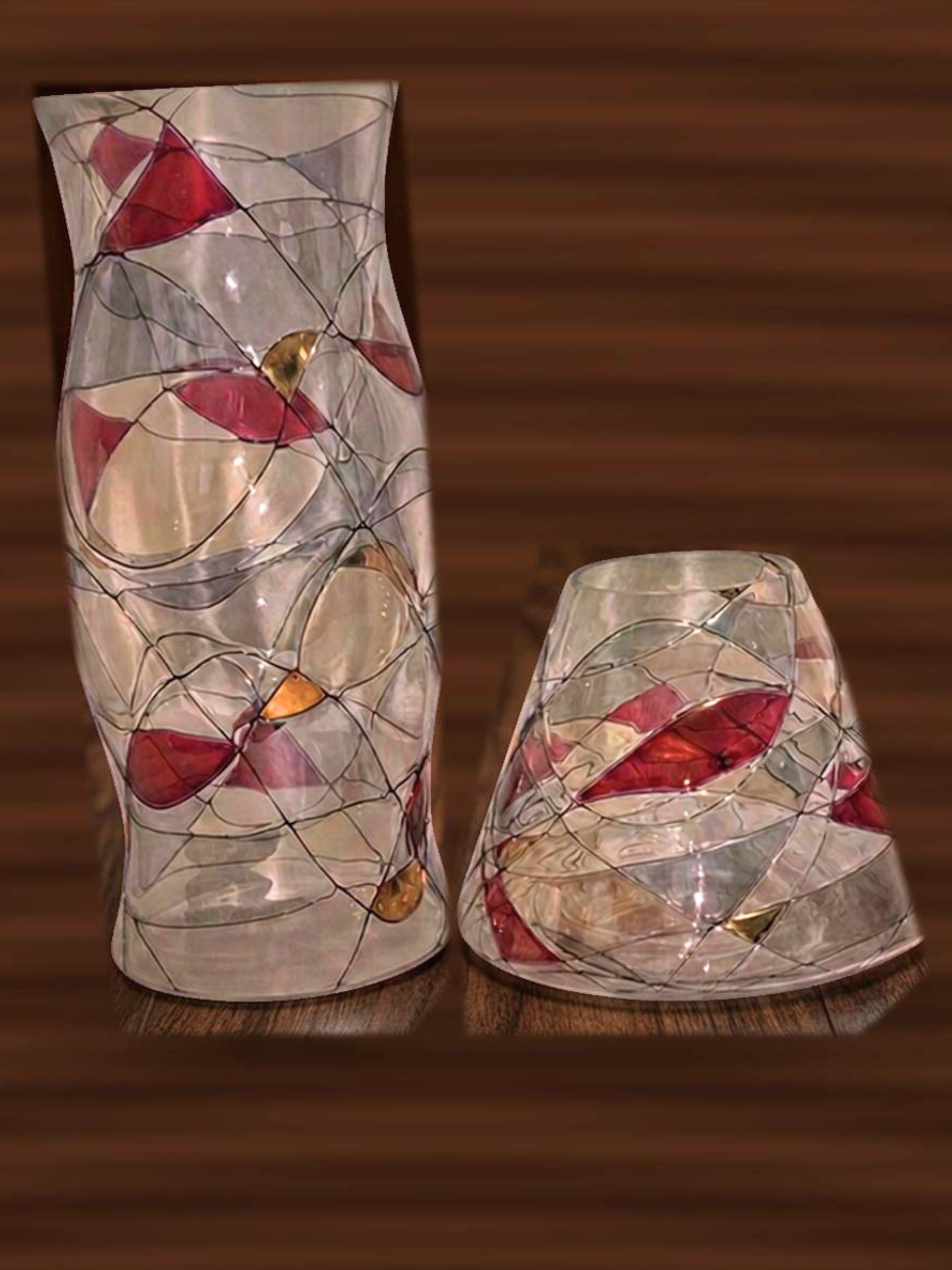 Hand Painted Glass Hurricane Candle Holders Set • Abstract Red Gold Decor