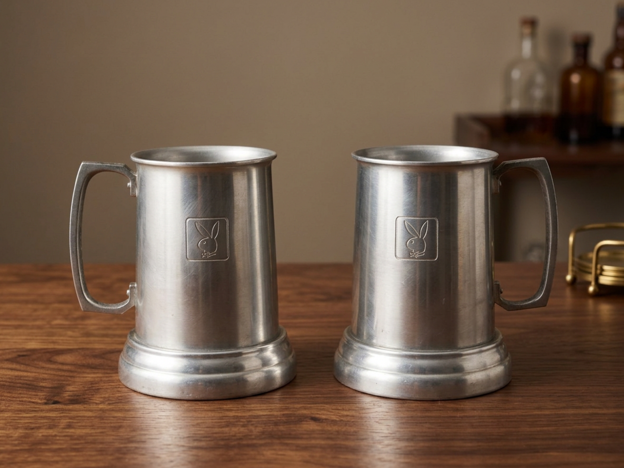 Vintage Playboy Club Aluminum Tankard Mugs Pair Bunny Logo Barware