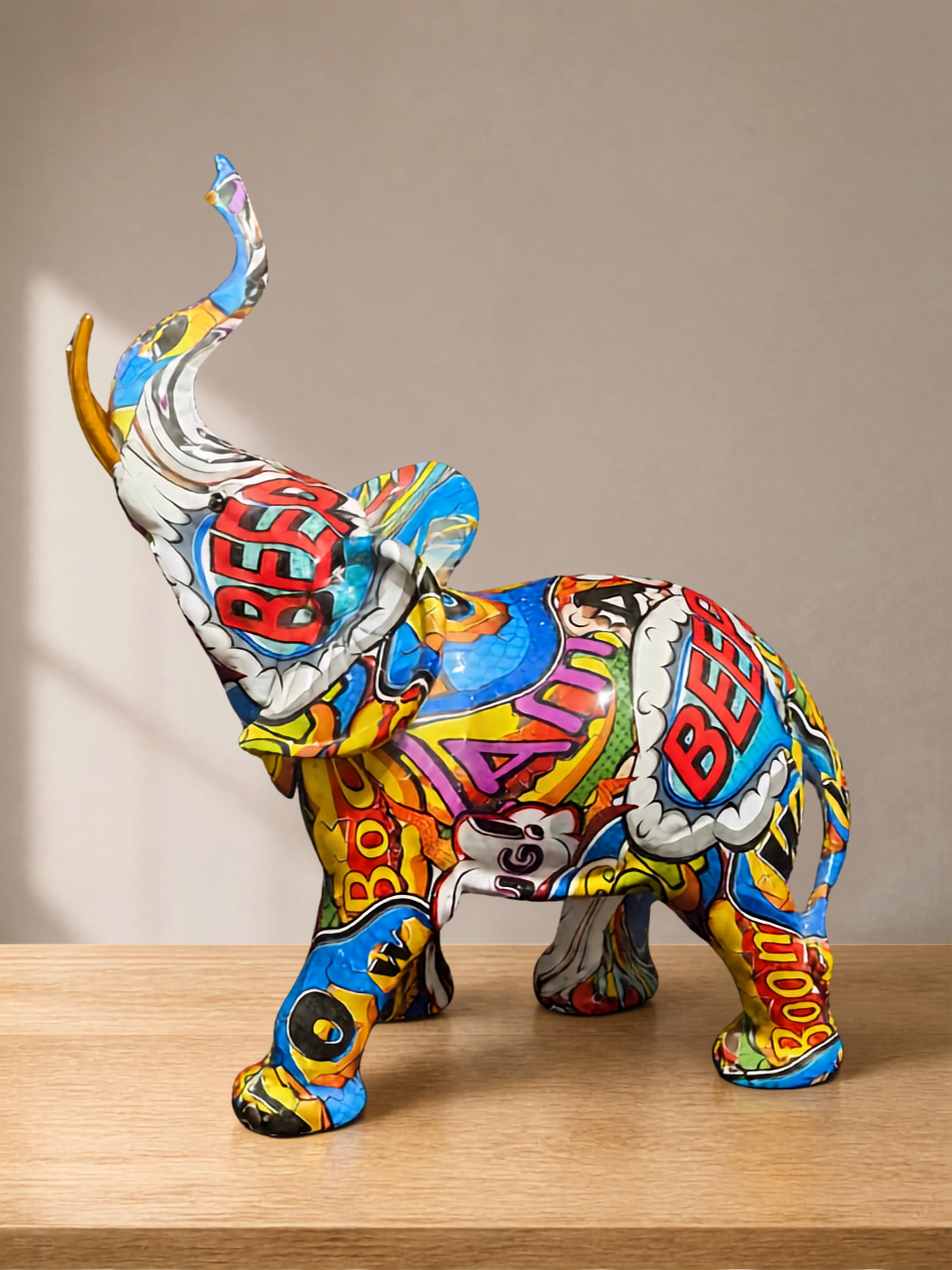Colorful Graffiti Elephant Figurine, Pop Art Comic Resin Statue, Maximalist Eclectic Decor, One Tusk Missing