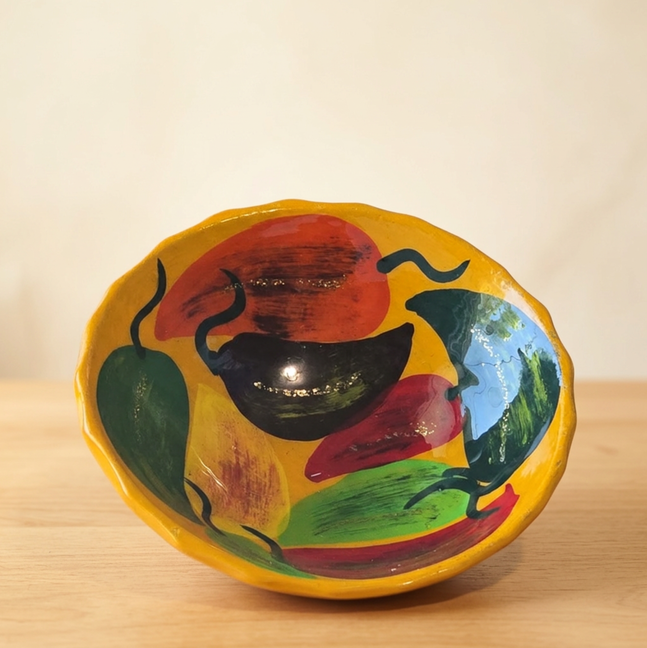 Vintage Hand Painted Pepper Bowl • Colorful Folk Art Ceramic Trinket Dish • Yellow Rim