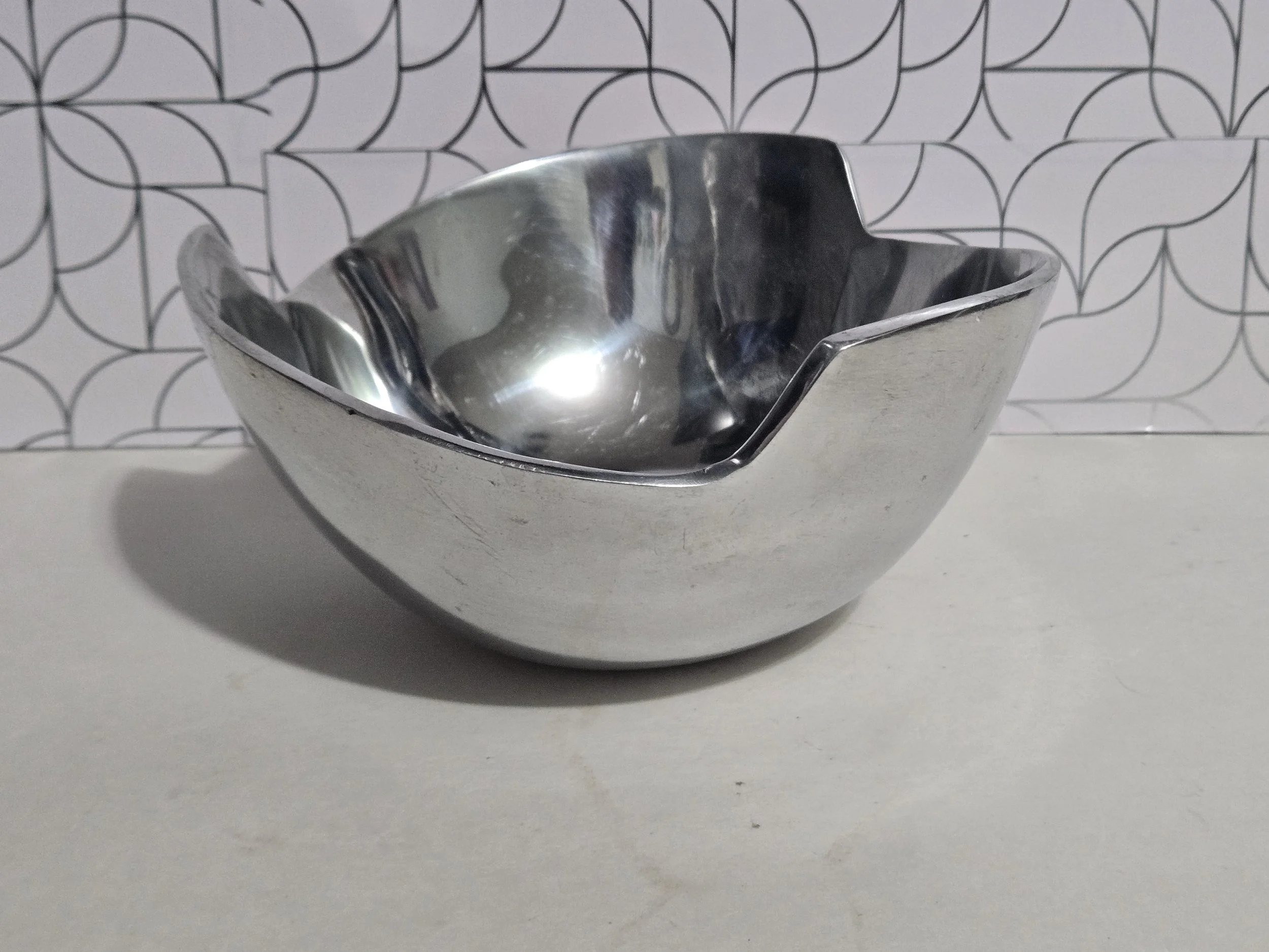 Polished Aluminum Tri-Corner Bowl | Sculptural Silver Table Decor