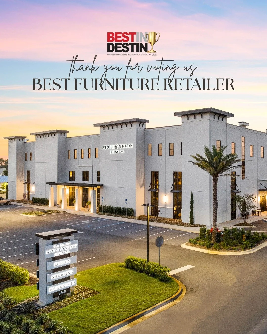 We&rsquo;re incredibly honored to be voted Best Furniture Retailer in VIP Destin&rsquo;s Best in Destin 2026. This recognition means the world to us&mdash;and it&rsquo;s all because of you.

Thank you to our amazing clients, community, and team for t