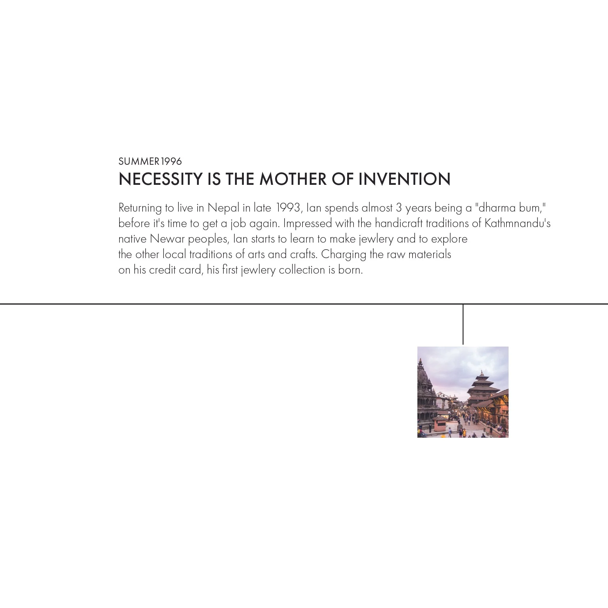 A magazine page featuring an article titled 'Necessity Is the Mother of Invention' with a small image of a historic Nepalese city scene, including temples and traditional architecture.