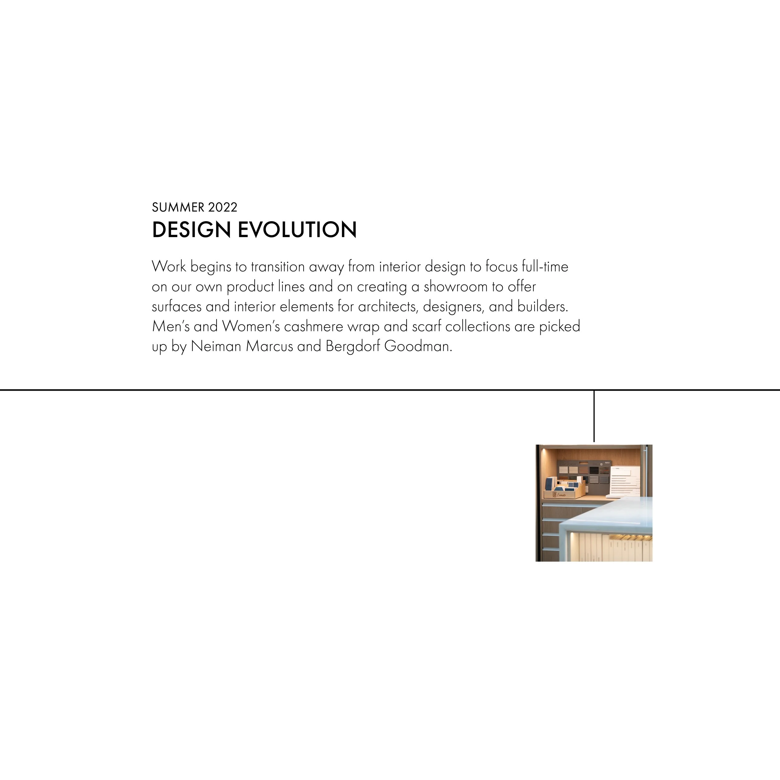 Text page titled 'Summer 2022 Design Evolution' with a paragraph about transitioning from interior design to product lines and showroom creation, and a small image of a showroom display featuring various interior design elements.