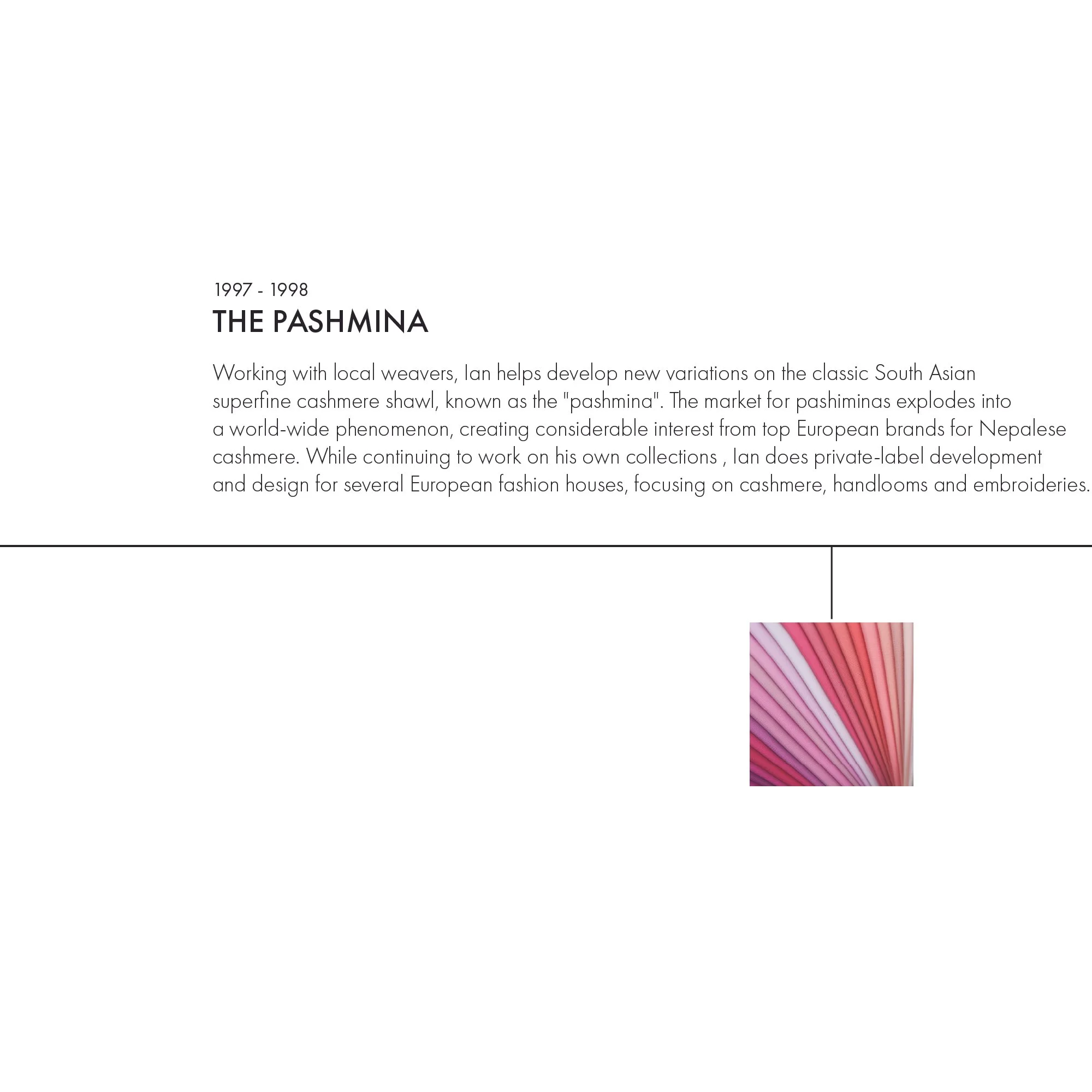 Text description about the Pashmina, a South Asian cashmere shawl, with a small colorful fabric sample below. The text discusses its history, craftsmanship, and market popularity.
