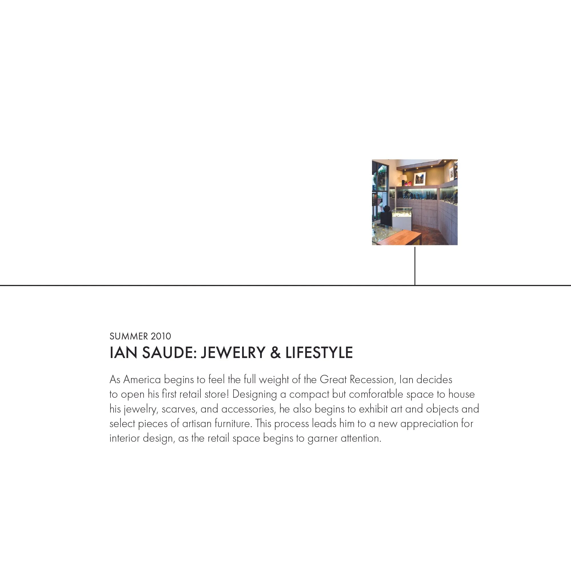 Page from a magazine or catalog featuring an interior space, with a small photo of a jewelry store and text about jewelry and lifestyle design.