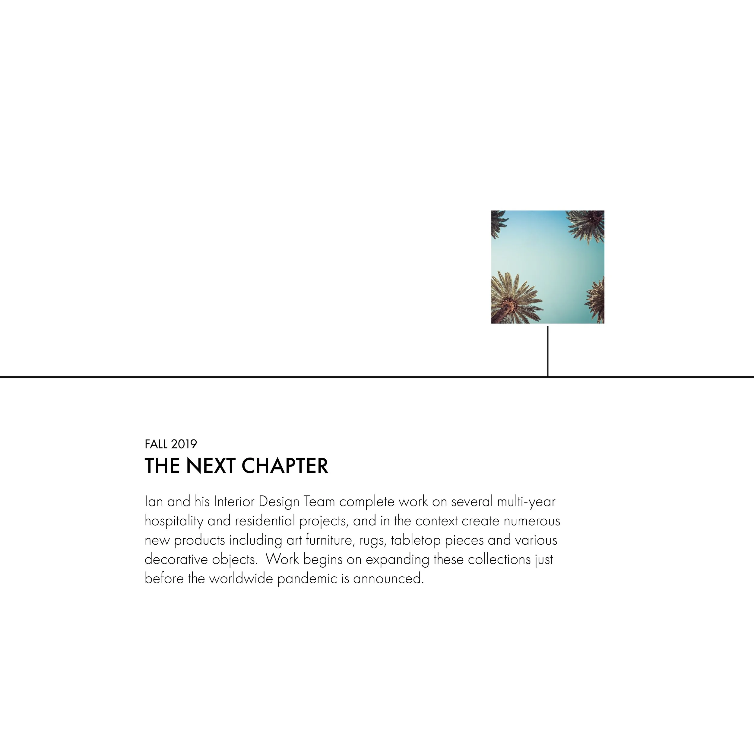 Page from a magazine or booklet titled "The Next Chapter" with a small photo of palm trees and text about interior design projects and product development.