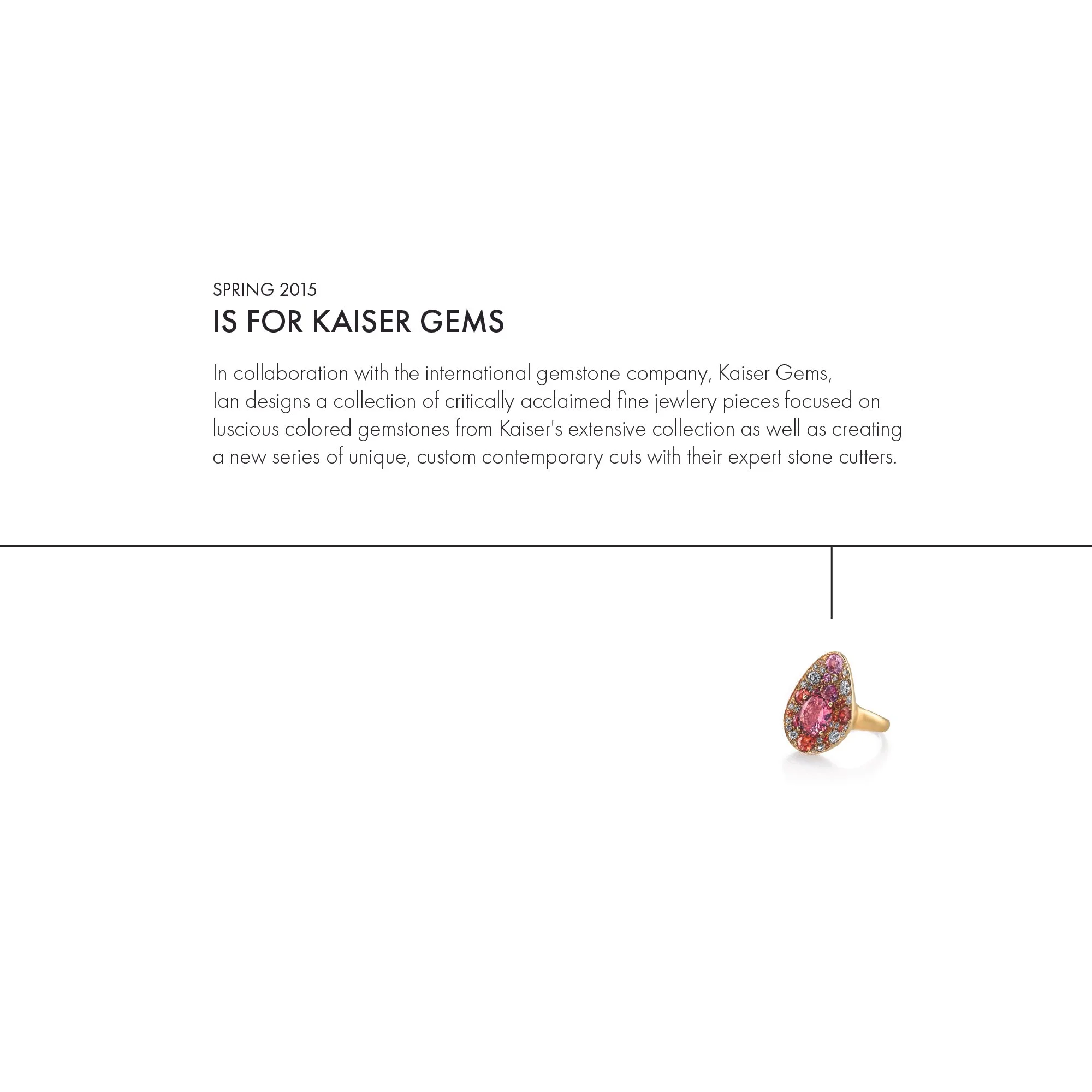 A jewelry advertisement showcasing a colorful gemstone ring with pink and purple stones on a gold band, featuring a text description about Kaiser Gems and jewelry design collaboration from Spring 2015.