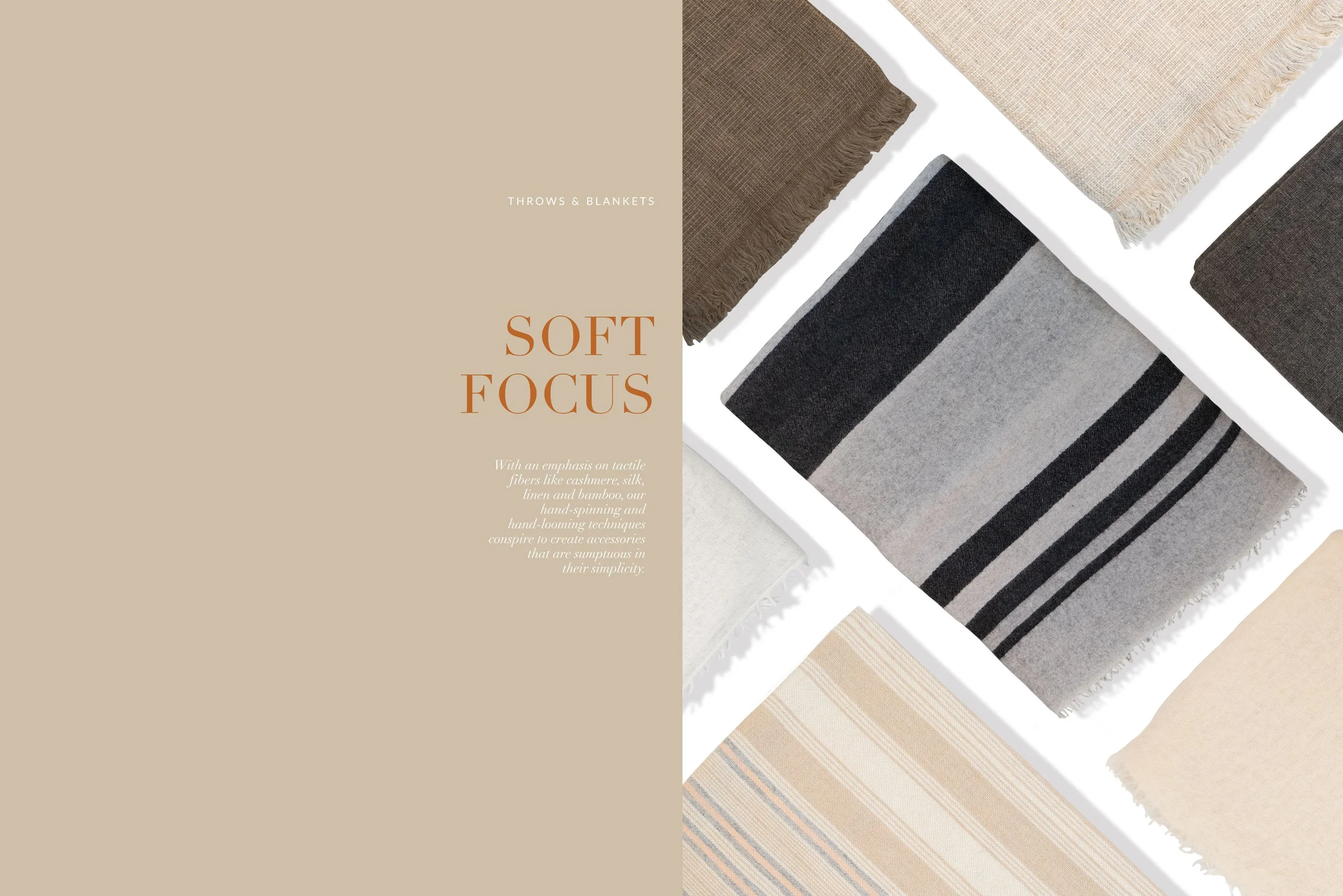 Display of various throws and blankets in neutral and earth tones, arranged over a white surface.