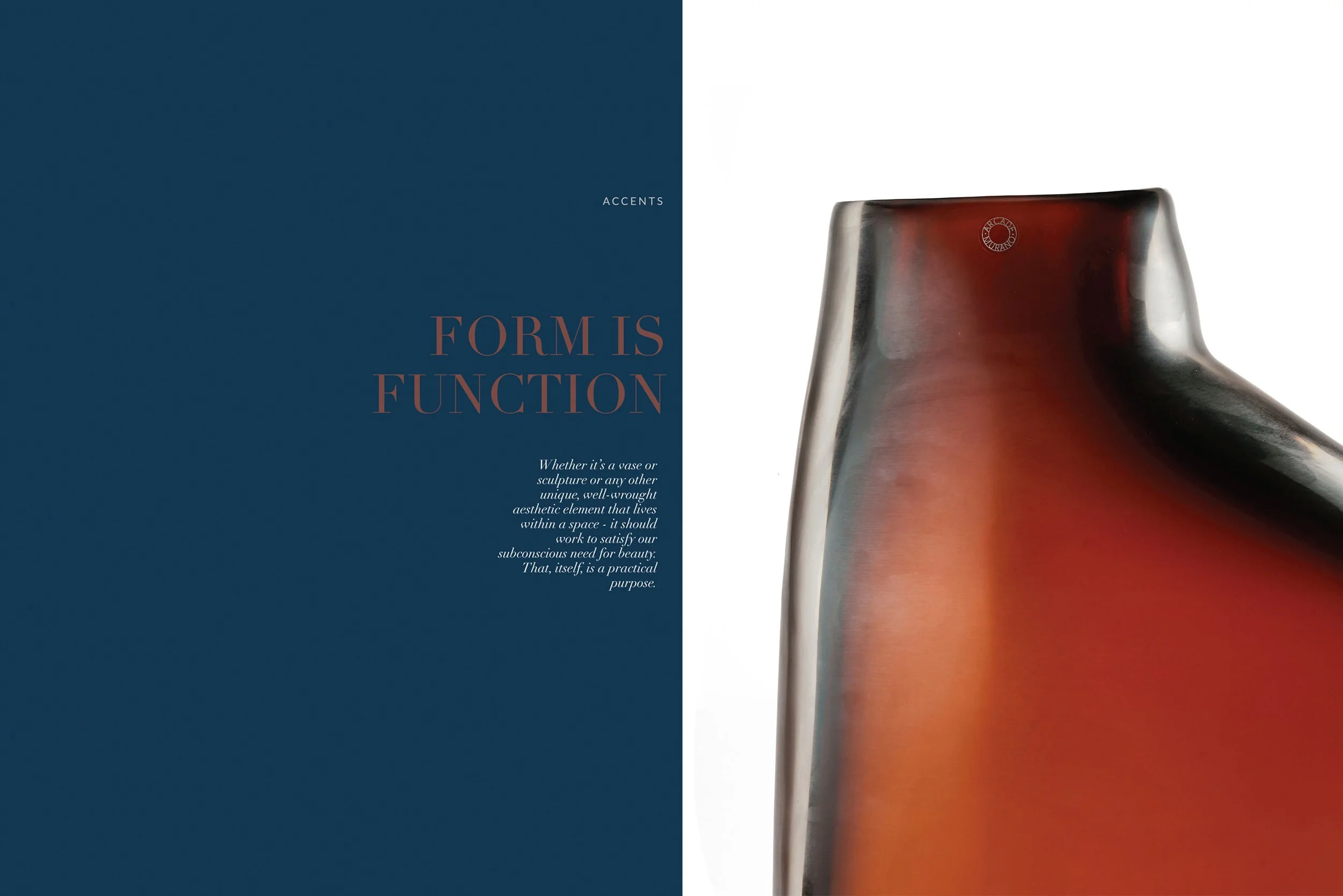 A split image with the left side showing text on a dark blue background that reads 'Form is Function' and a paragraph about aesthetics, and the right side showing a close-up of a modern, abstract sculpture with smooth curves and a glossy surface in reddish-brown tones.