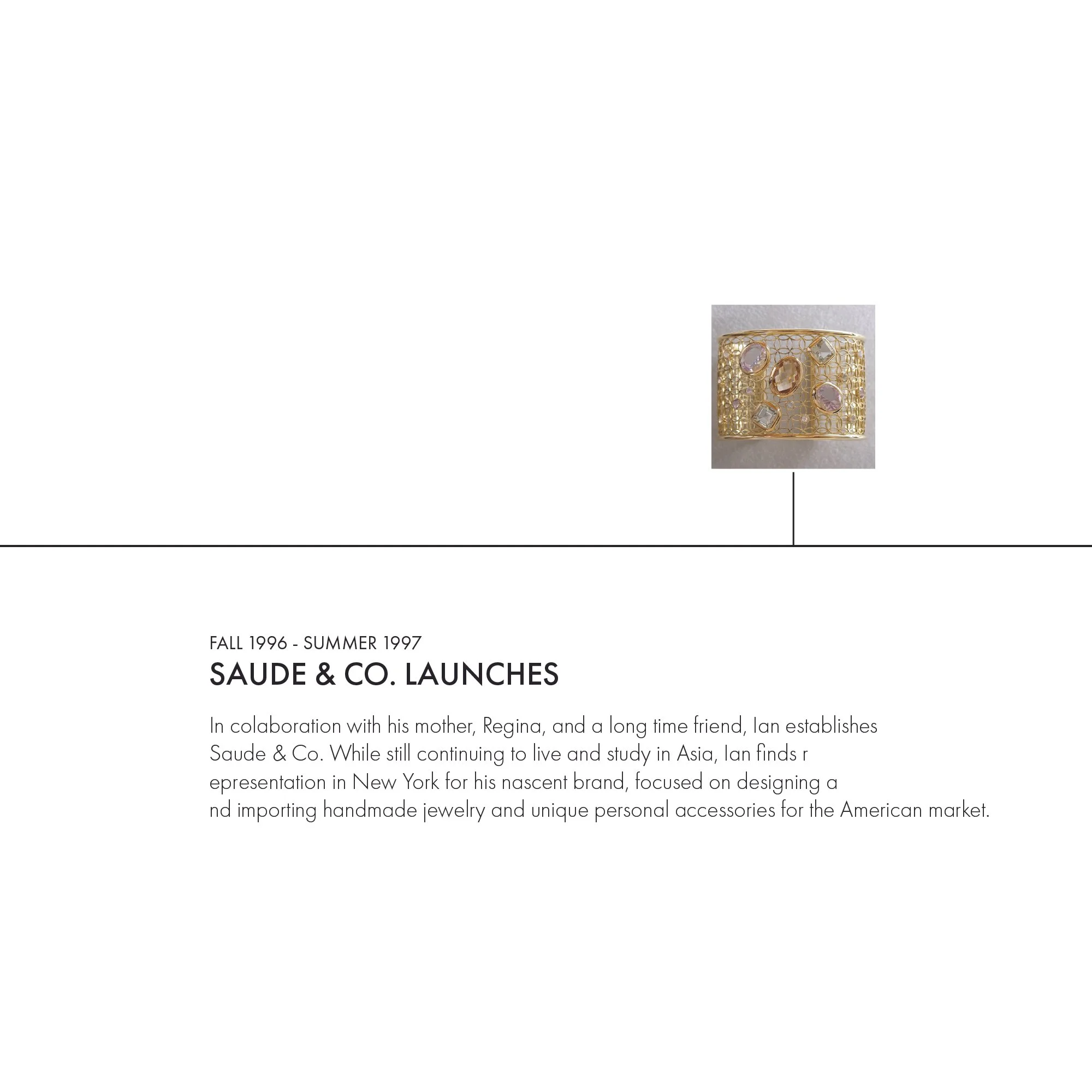 Text page with heading 'Saude & Co. Launches' and a paragraph about establishment, featuring a picture of a gold jewelry piece with pink gemstones.