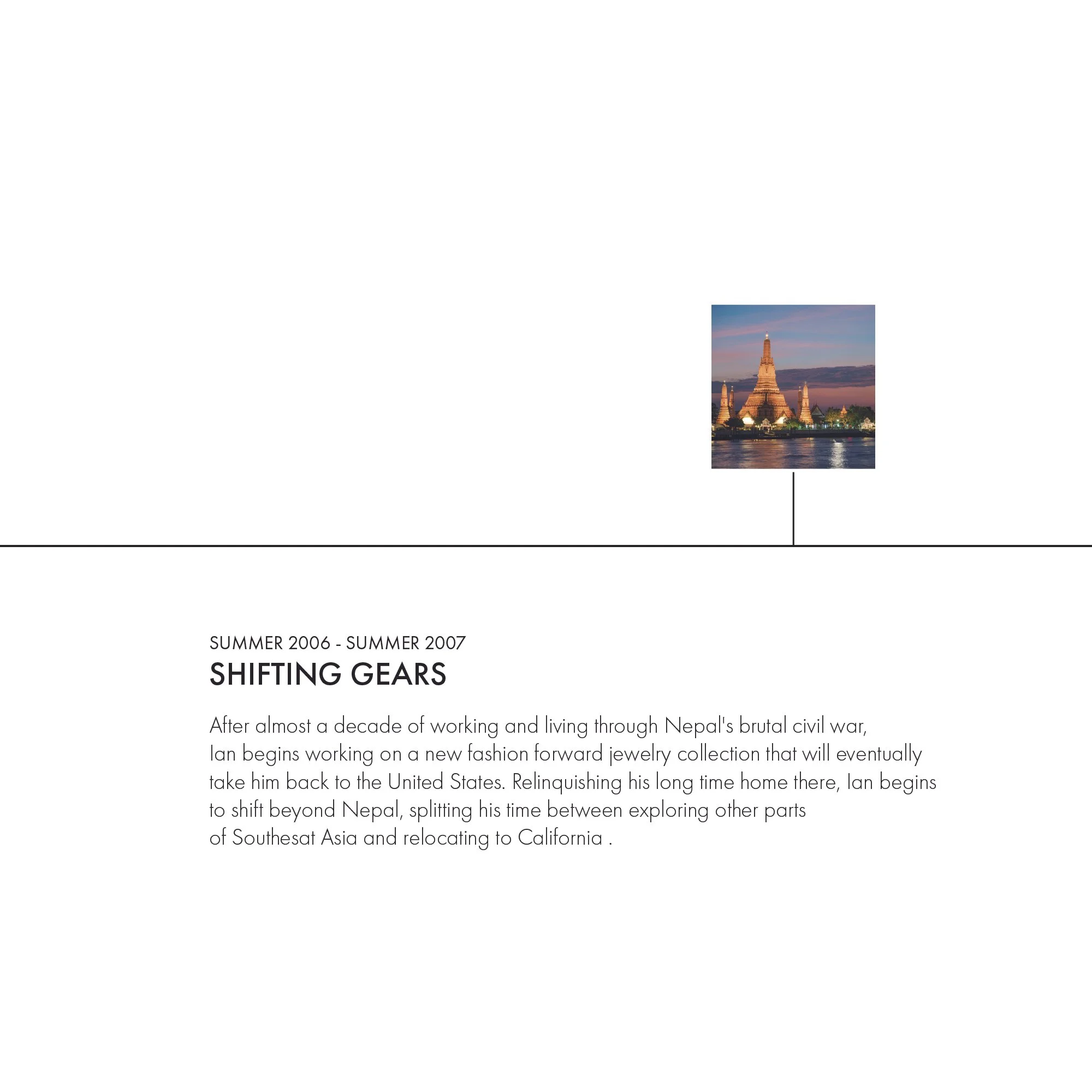 Title page with a small photo of Wat Arun temple at sunset, and text about Ian's journey from Nepal to California, titled "Shifting Gears".