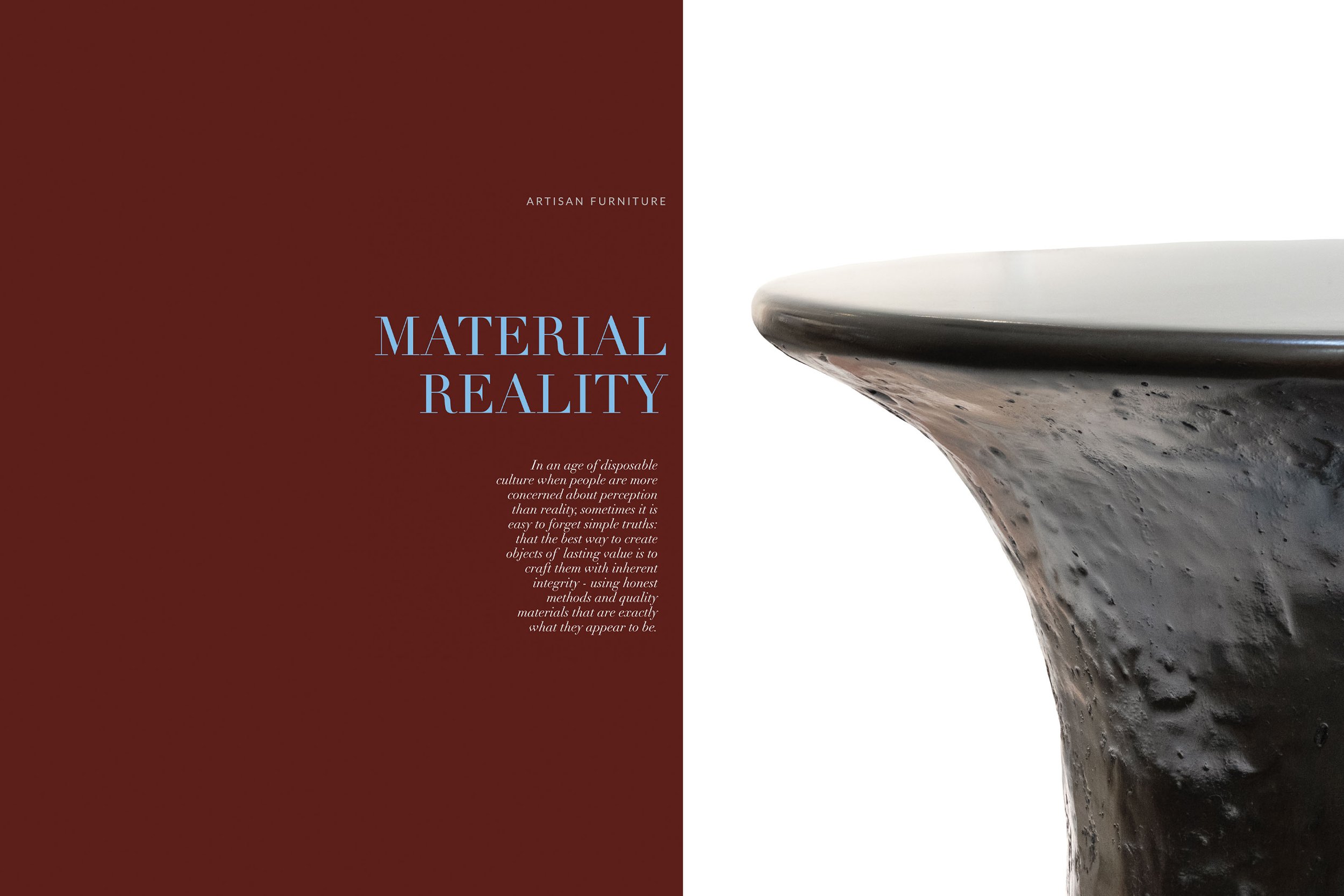 A marketing booklet cover with a dark brown background on the left and an image of a ceramic vessel with a glossy finish on the right. The text on the left reads "Material Reality," with smaller text about artisan furniture and material integrity.