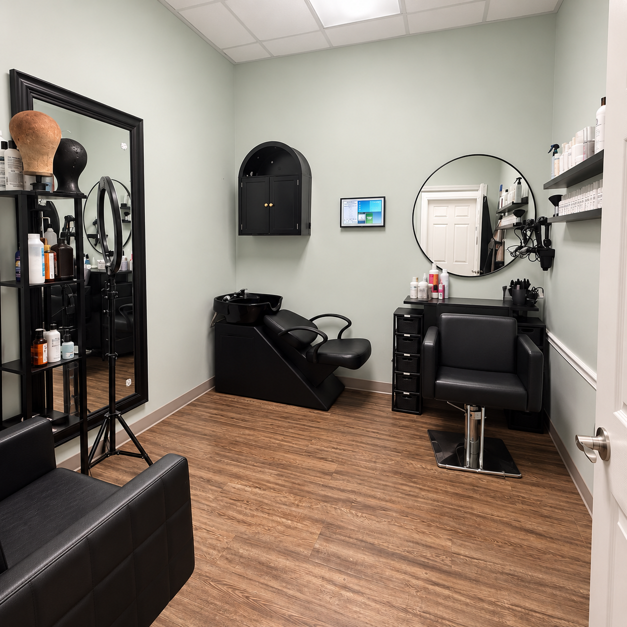 Interior of a hair salon with black furniture, mirror, chairs, and hair products on shelves.