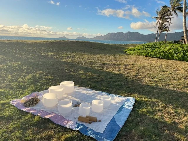 A picnic setup on a grassy field near a coastline with mountains in the background. The setup includes white singing bowls, a few small objects, and what appears to be a cloth or mat.
