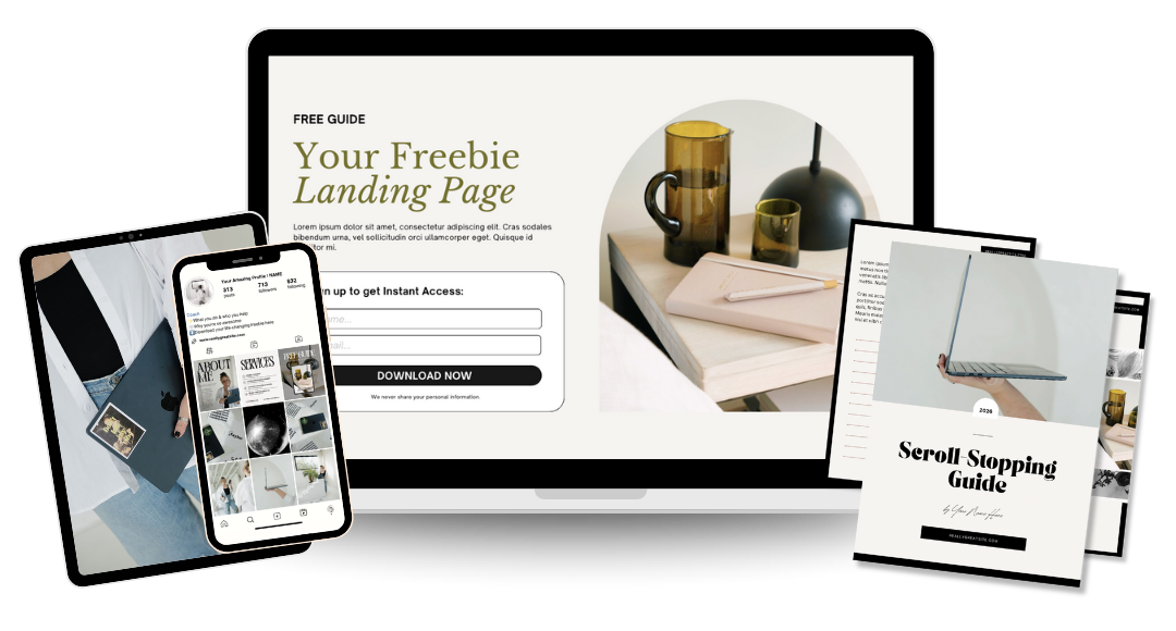 Mock-up for Click to Start done-for-you service by Virtually Taylor. Includes image mock-up of a computer with a landing page, an Instagram page iphone, an ipad, and a lead magnet PDF mock-up.
