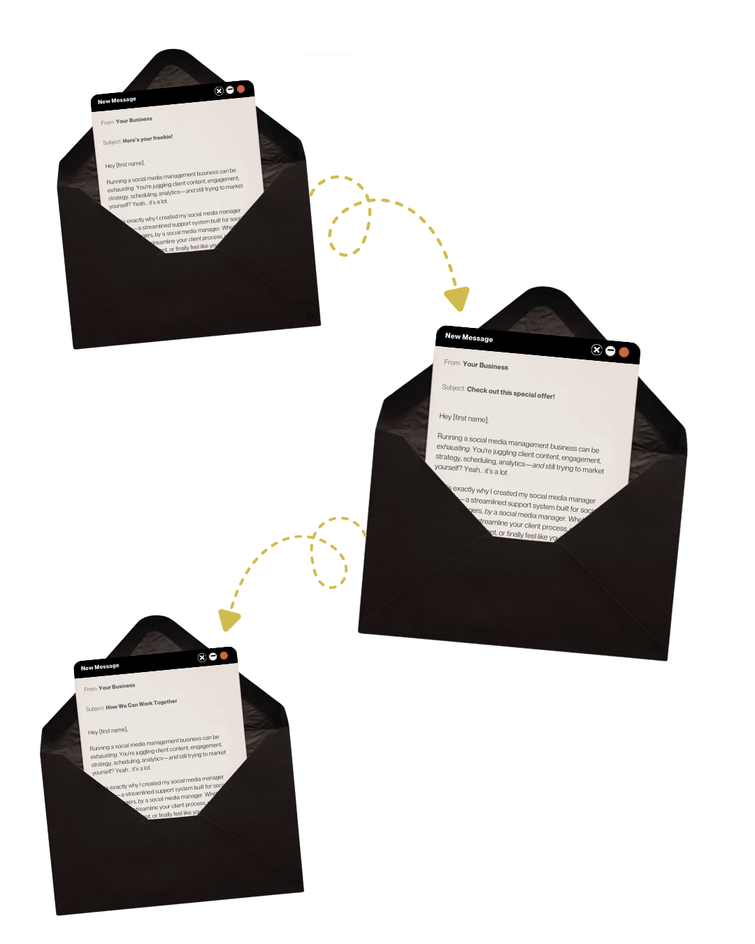 3 emails in letters: welcome email system, indicating one email then another and then another delivered