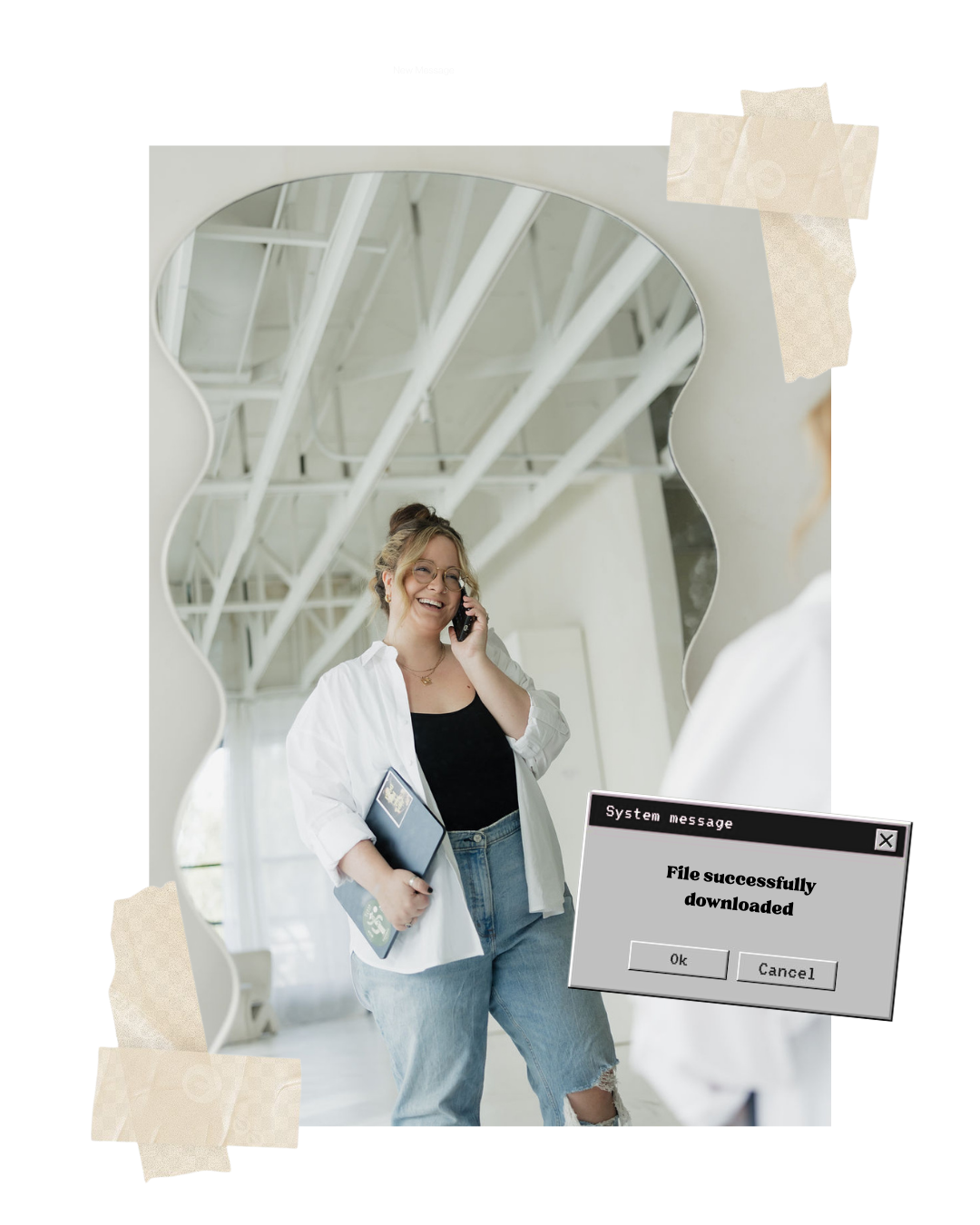 Taylor from Virtually Taylor, talking on the phone, signifying the recorded phone call that is included with this virtual assistant service. Also shows file download computer icon that ays "file successfully downloaded".