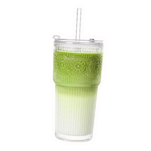 20oz Ribbed & Floral Glass Tumblers with Lids and Glass Straws, Set of 2 – Iced Coffee Cups, Reusable Drinking Glasses for Water, Smoothies, Tea, and Juice – Perfect for Travel & Daily Use