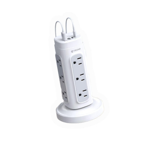 White outlet tower with 6 visible plugs