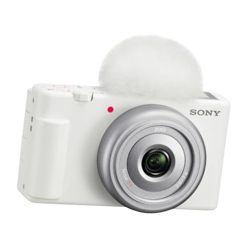 White Sony digital camera with a fluffy white mic for capturing content.